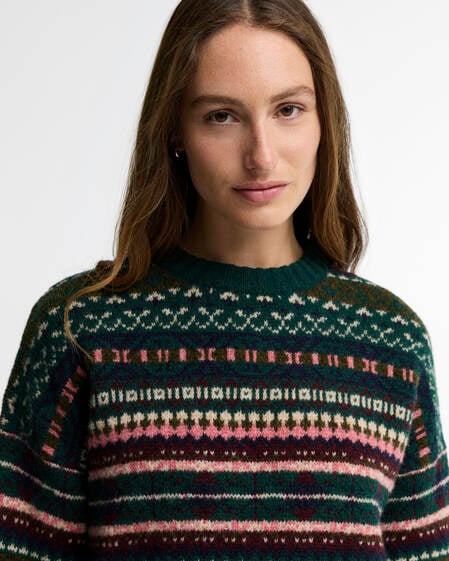 Scottish Made Overton Wool Cropped Crew Neck Jumper Olive Multi