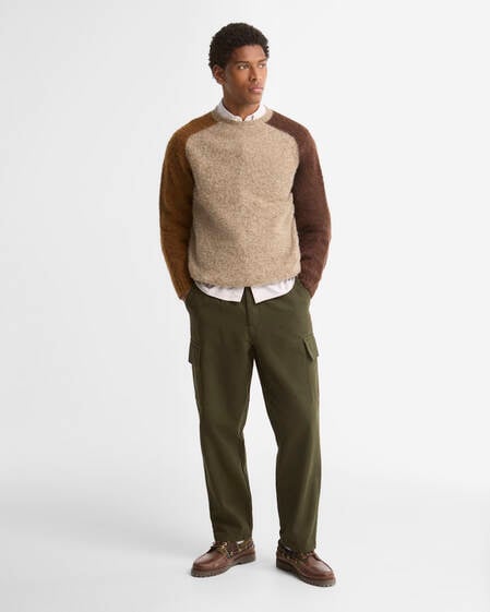 Maglione girocollo in lana con blocchi di colore Made in Scotland Light Stone
