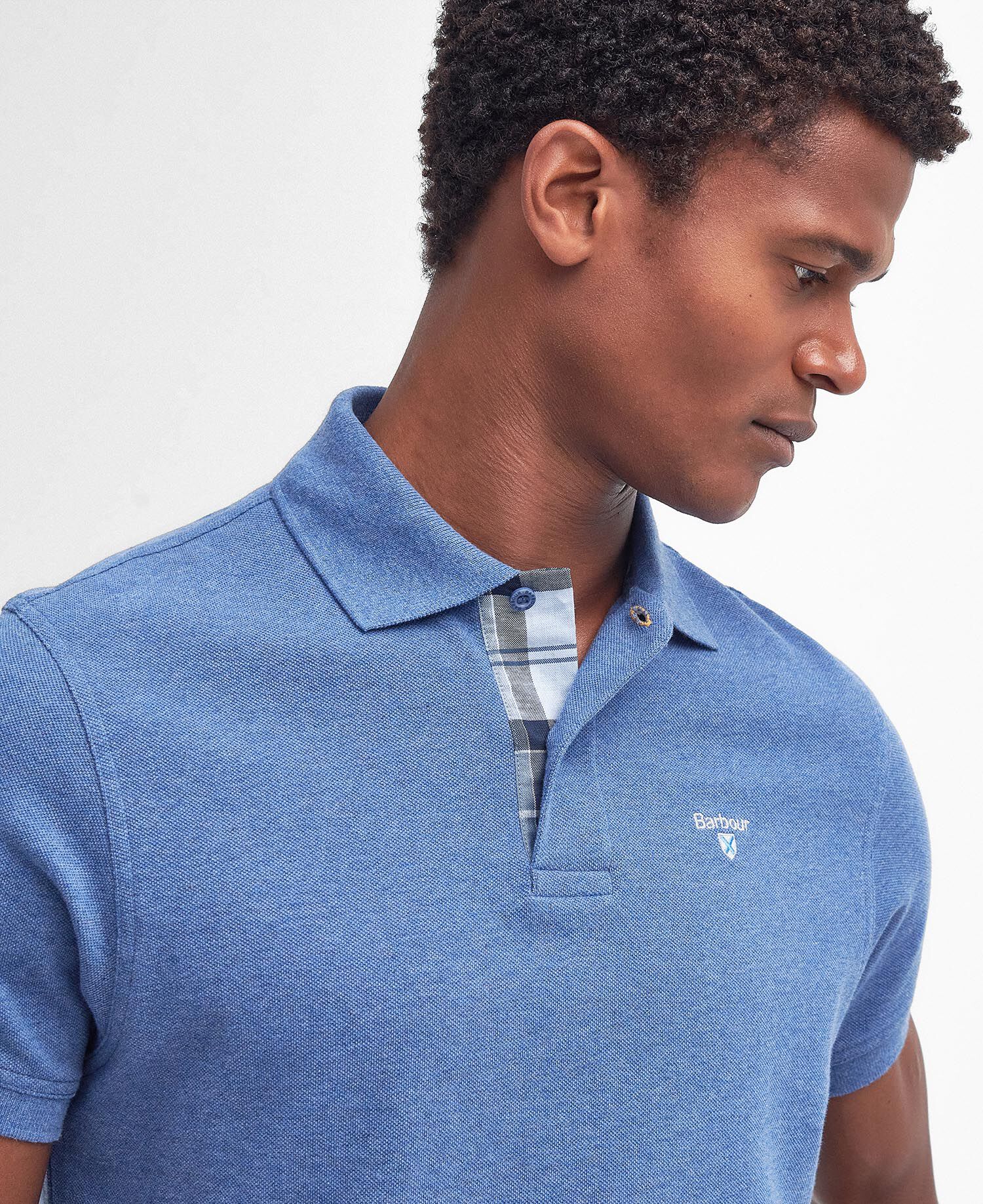 Tartan Pique Polo Shirt Dark Chambray Marl