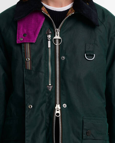 Paul Smith Loves Barbour Women's Long Spey  Waxed Jacket Bottle Green Heraldry Print