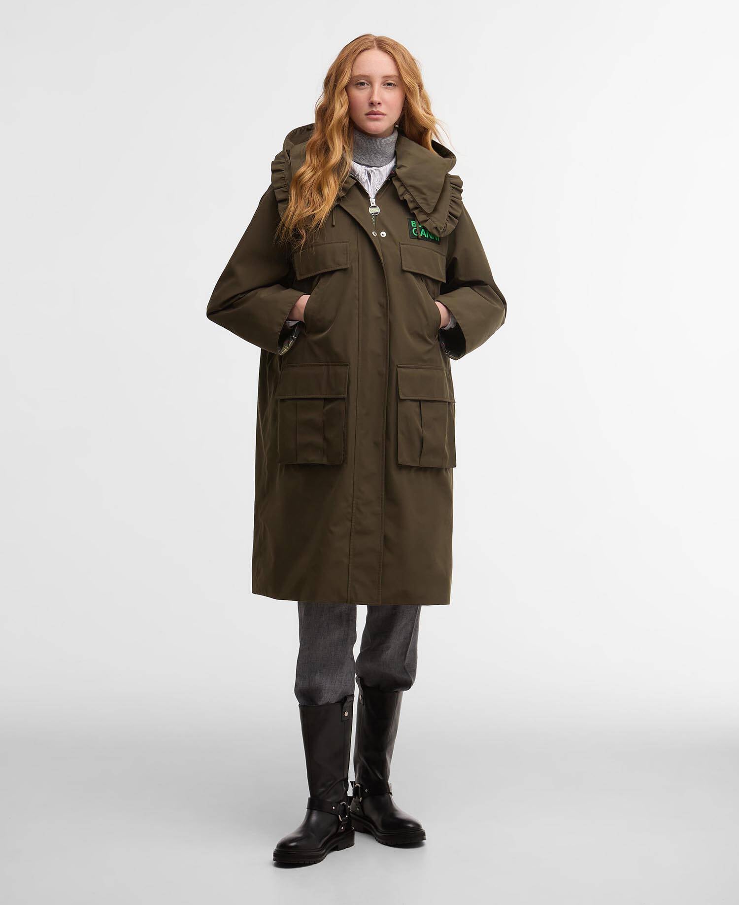 Barbour x GANNI Waterproof Parka Jacket Olive/Classic Tartan image number 0