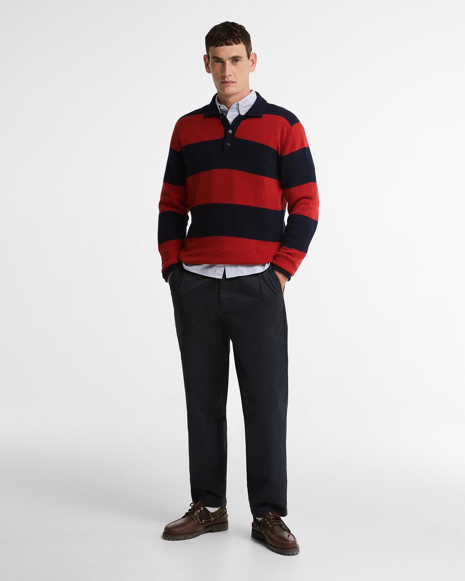 Made in Scotland Striped Wool Polo Shirt Navy