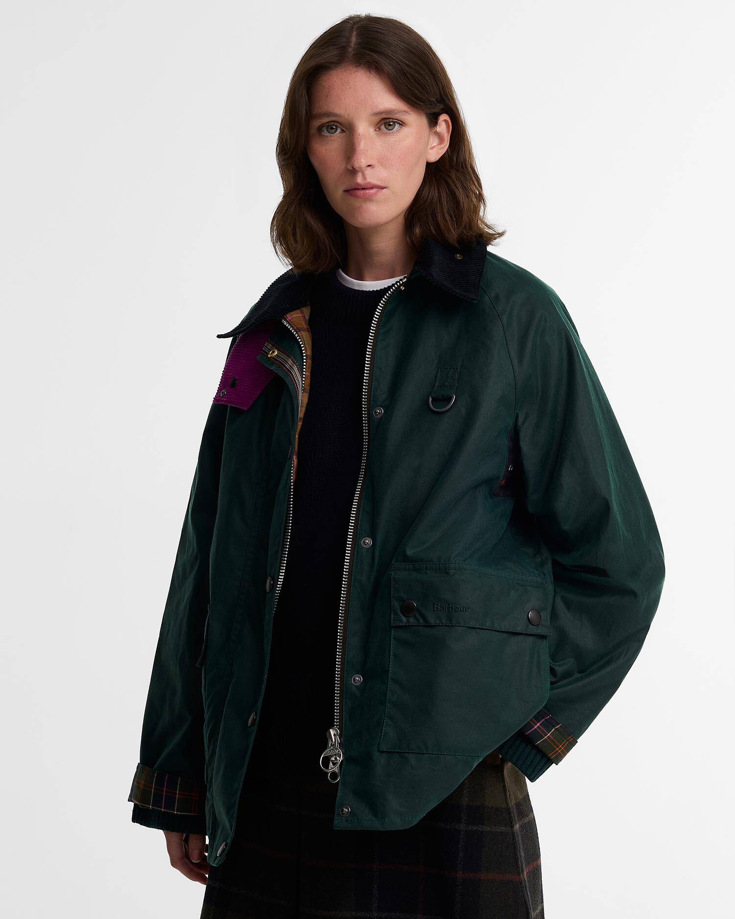 Paul Smith Loves Barbour Women's Long Spey  Waxed Jacket Bottle Green Heraldry Print image number 0