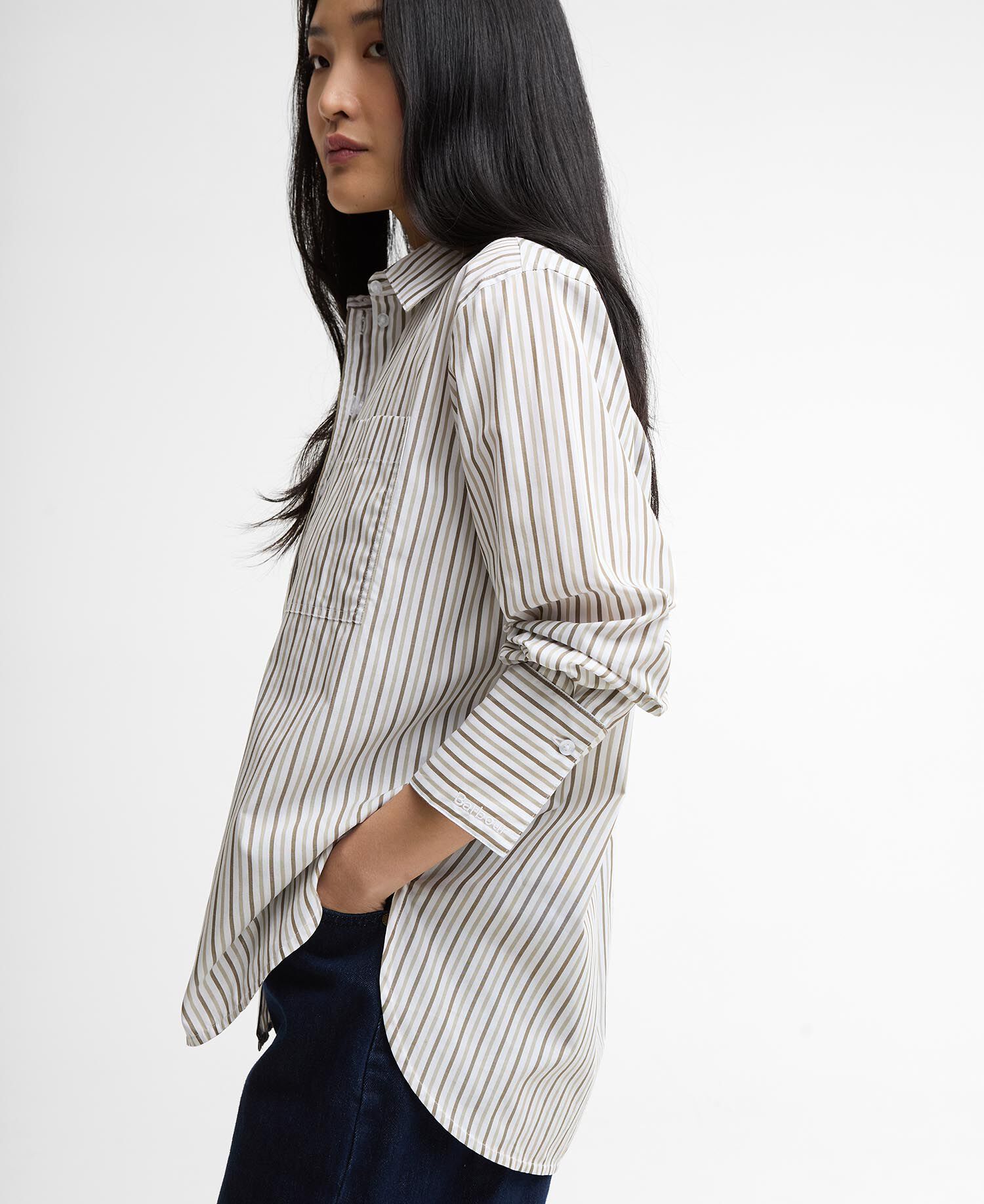 Camicia a maniche lunghe Fawley a righe dalla vestibilit&agrave; rilassata Dusky Green/Light Sand Stripe