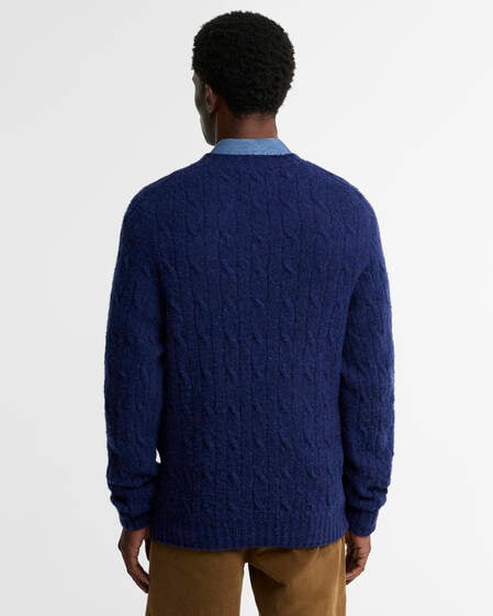 Scottish Made Cable-Knit Wool Crew Neck Jumper Deep Blue