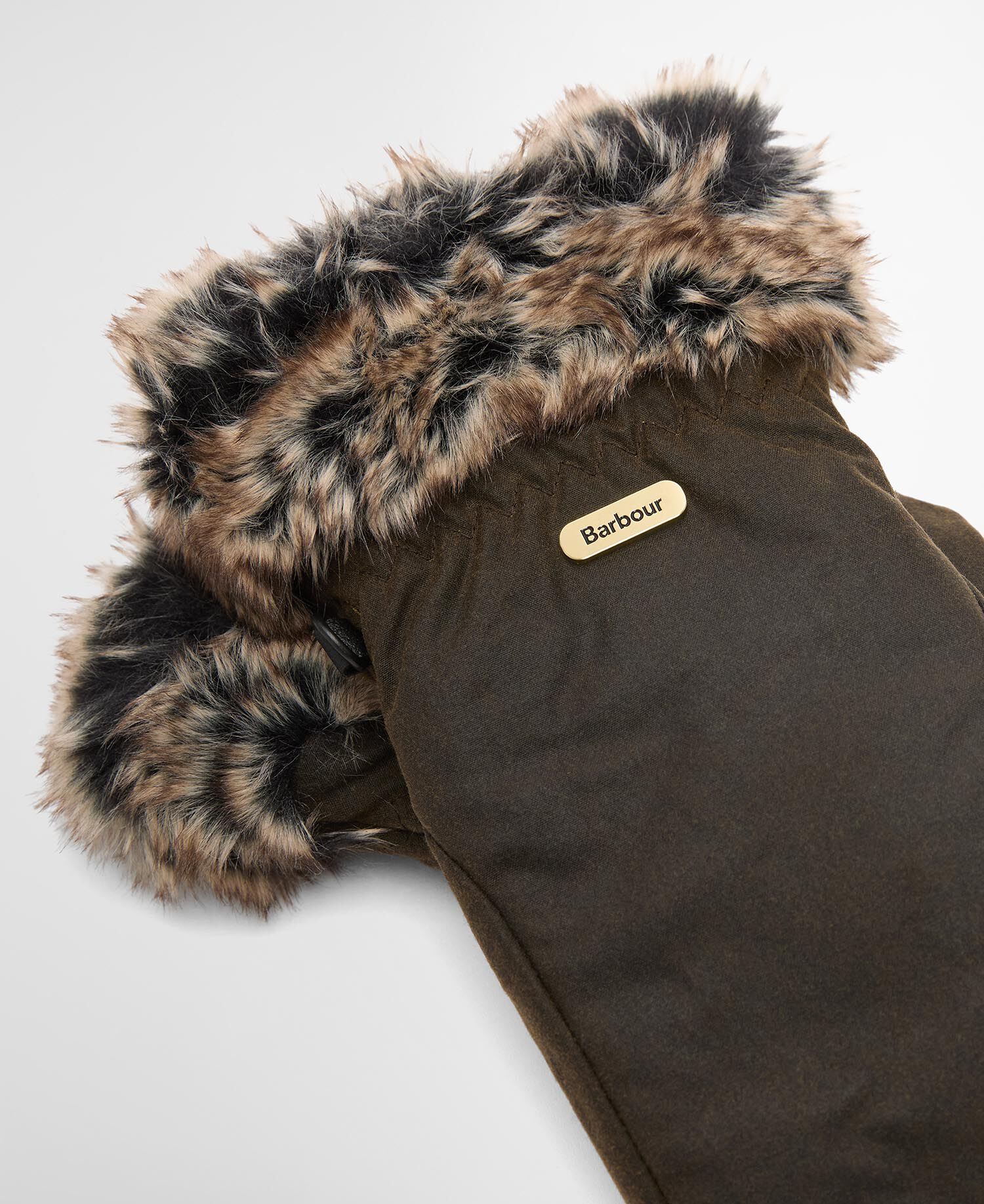 Waxed Faux-Fur Trim Mittens Olive