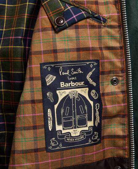 Paul Smith Loves Barbour Women's Long Spey  Waxed Jacket Bottle Green Heraldry Print