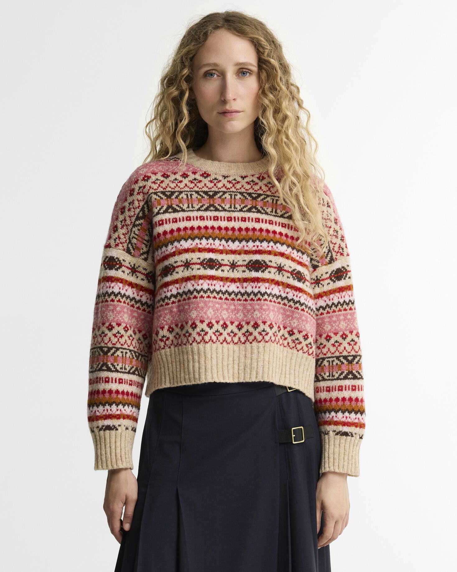 Scottish Made Overton Wool Cropped Crew Neck Jumper Raspberry Multi