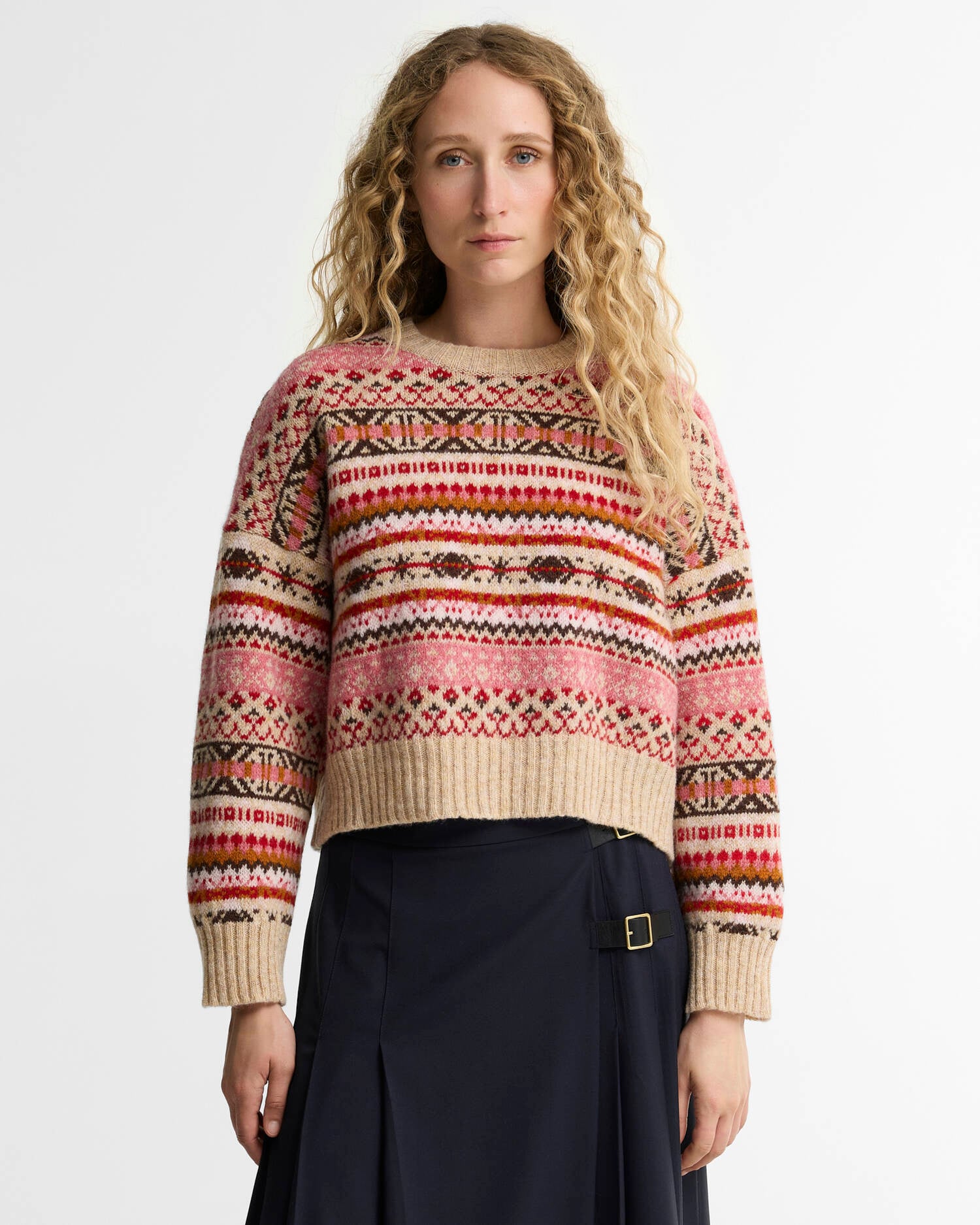 Scottish Made Overton Wool Cropped Crew Neck Jumper Raspberry Multi image number 0