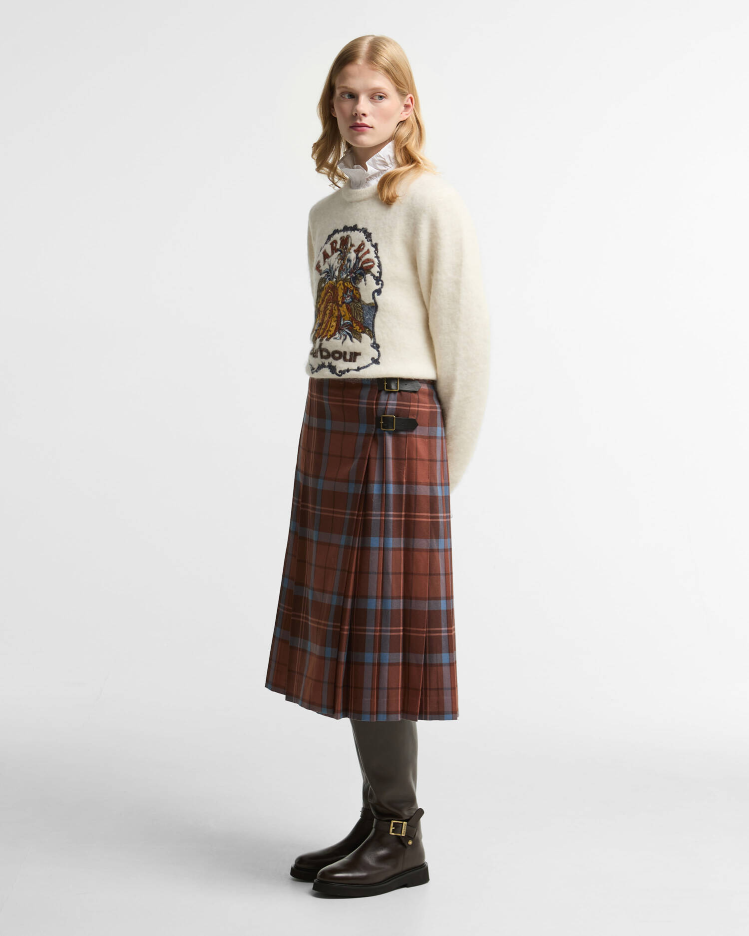 Barbour FARM Rio Allamanda Tartan Pleated Midi Skirt Tropical Tea image number 0