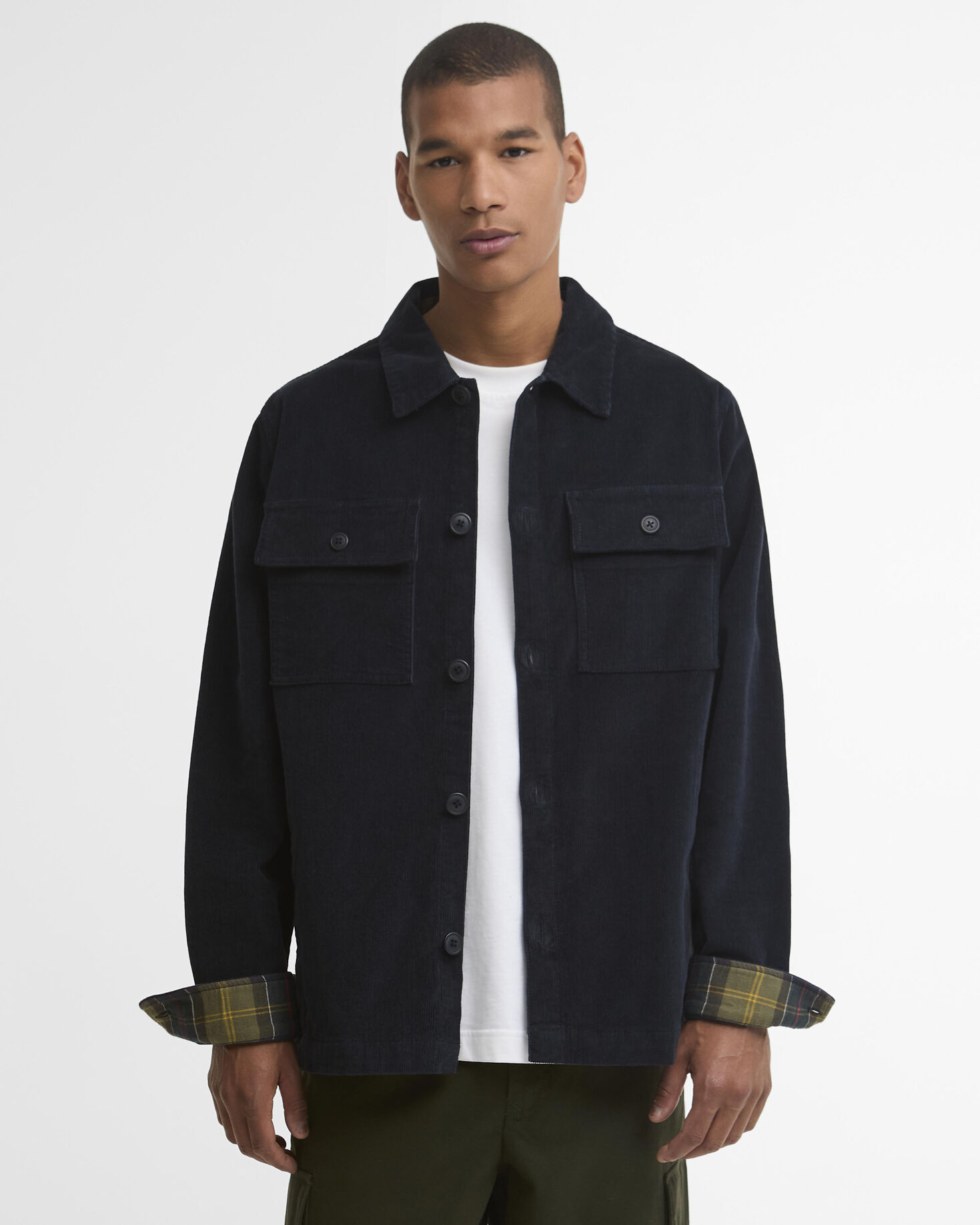 Tartan Trimmed Cord Overshirt Navy