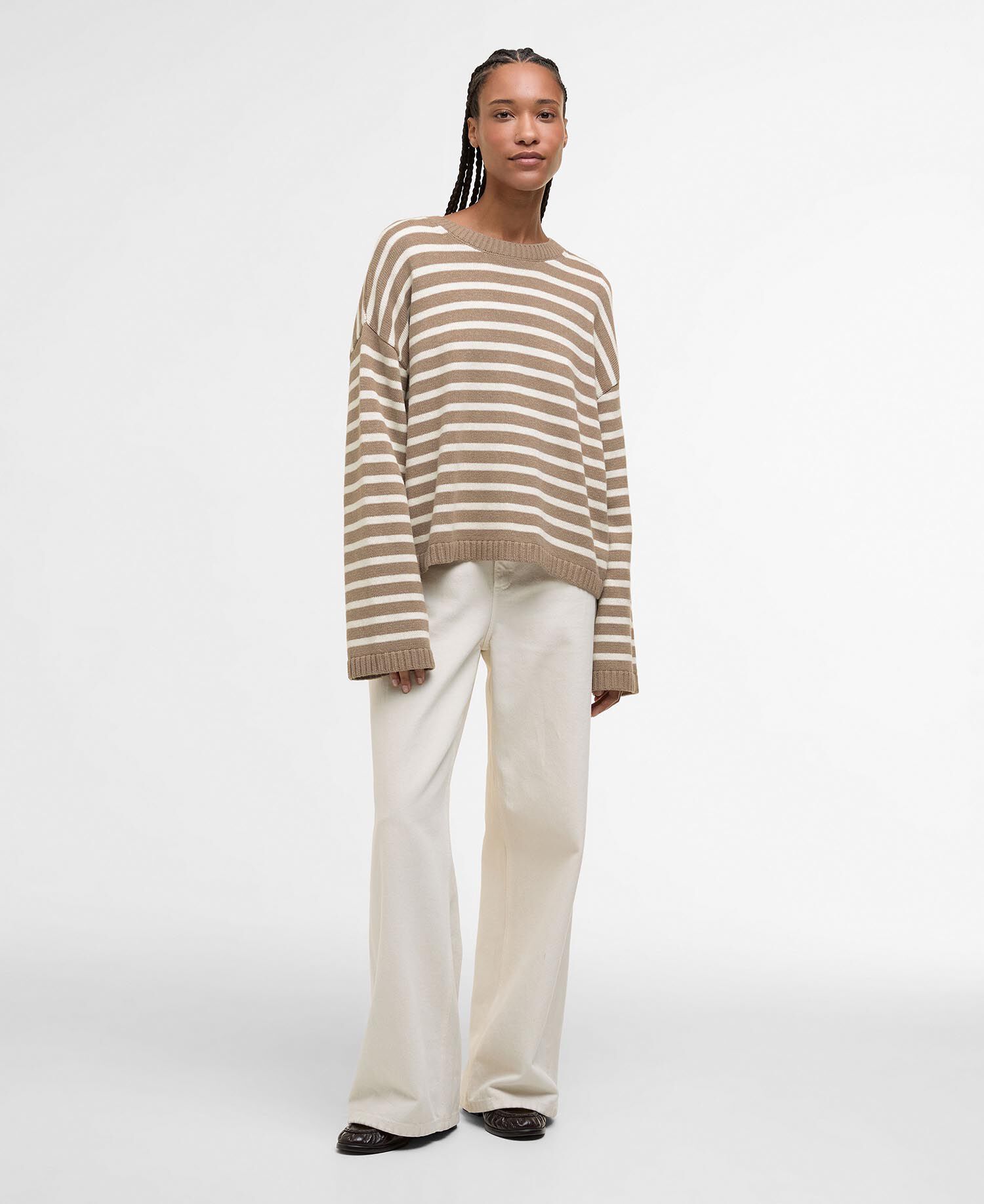 Strickpullover Rosie Rundhalsausschnitt Fawn/Ecru Stripe