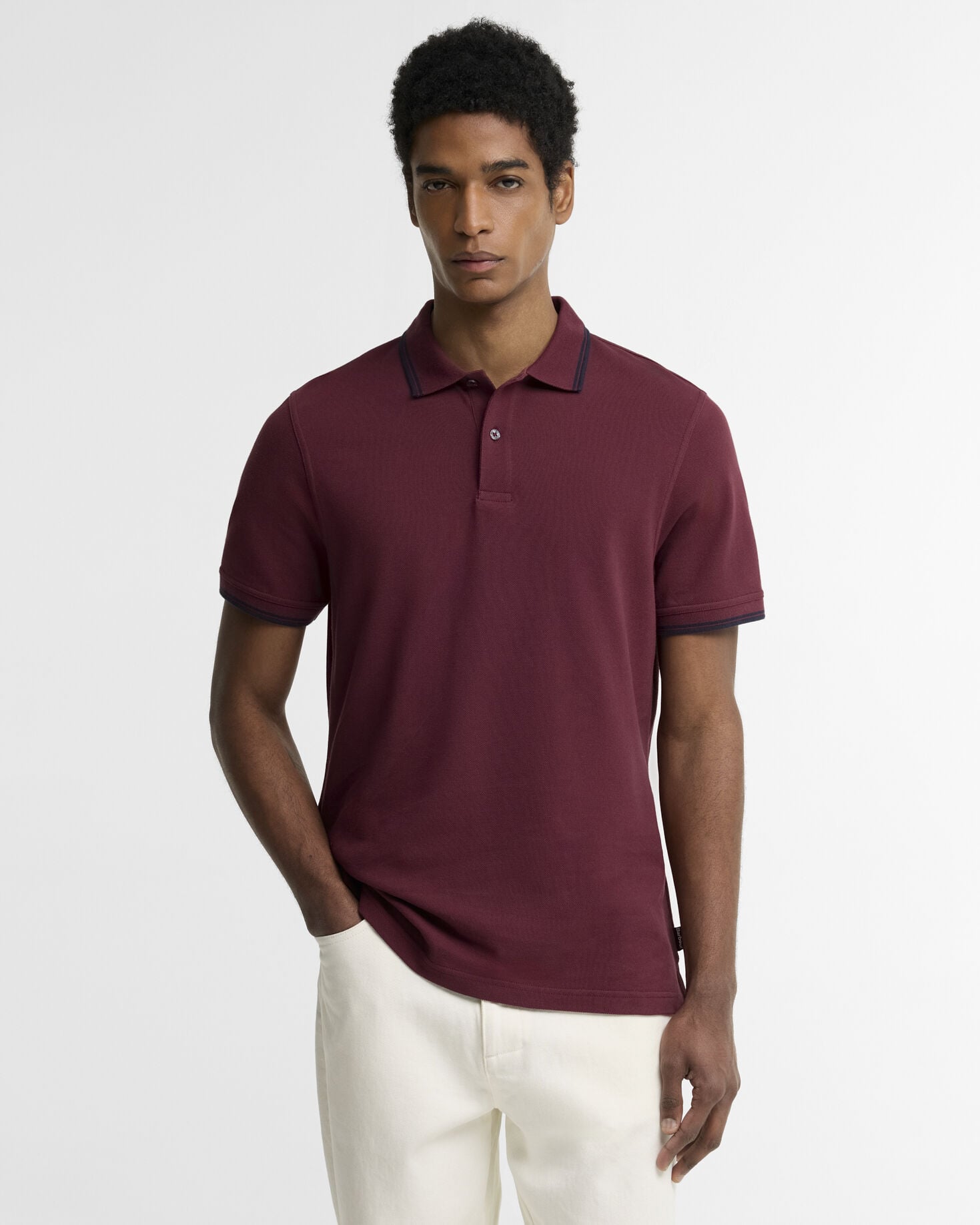 Lunan Tartan Trimmed Tailored Polo Shirt Dark Bordeaux