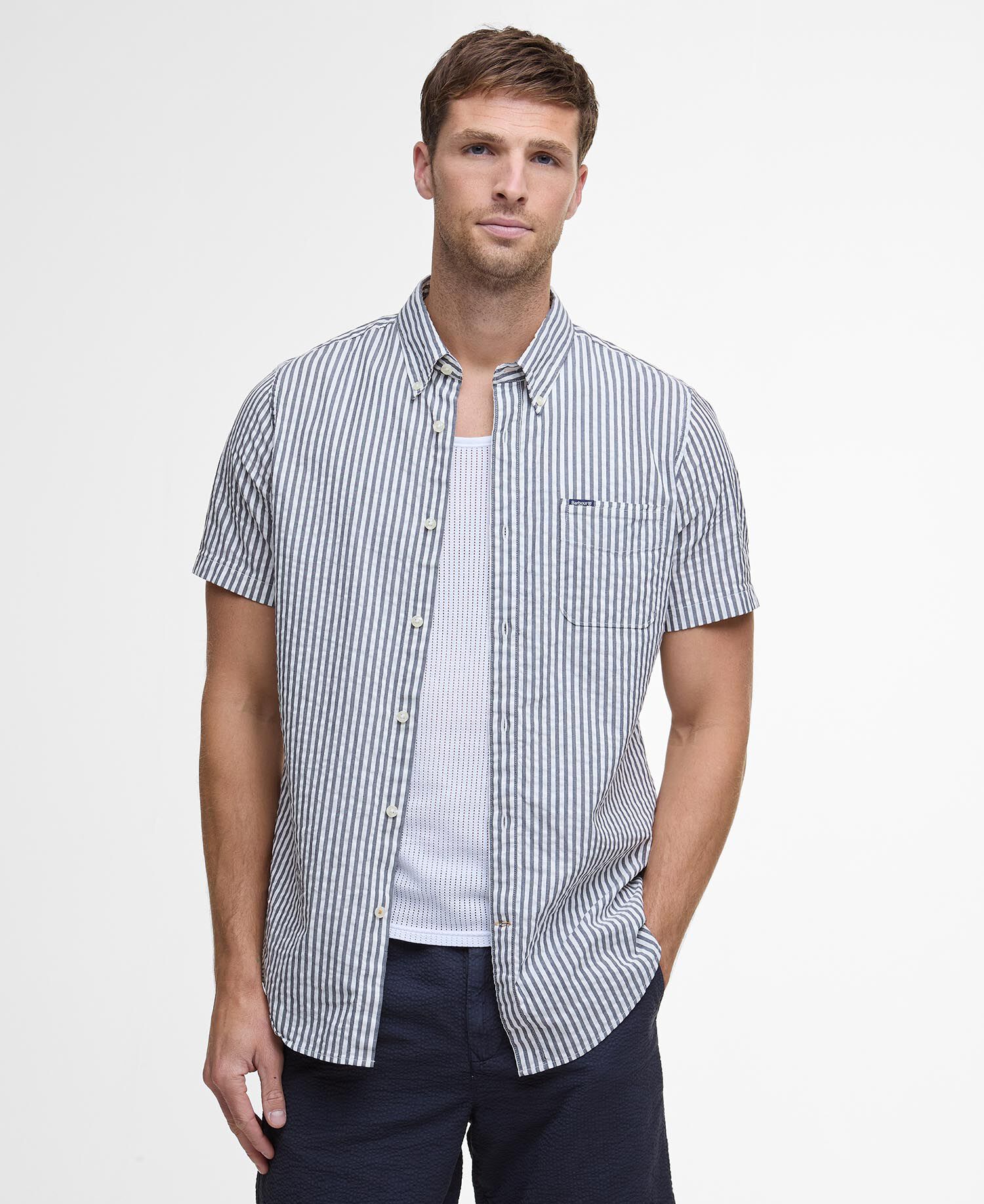 Cresswell Seersucker Regular Short-Sleeved Shirt Classic Navy