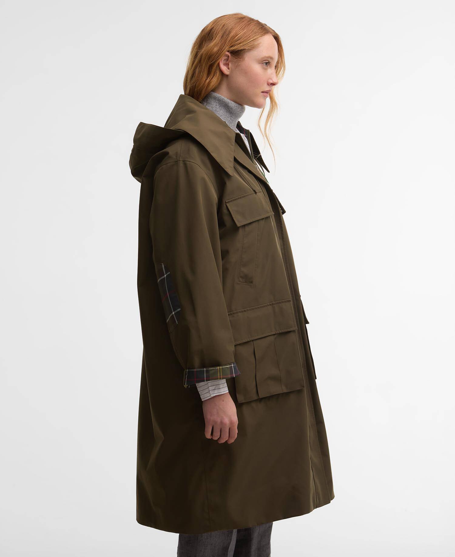 Barbour x GANNI Waterproof Parka Jacket Olive/Classic Tartan image number 4