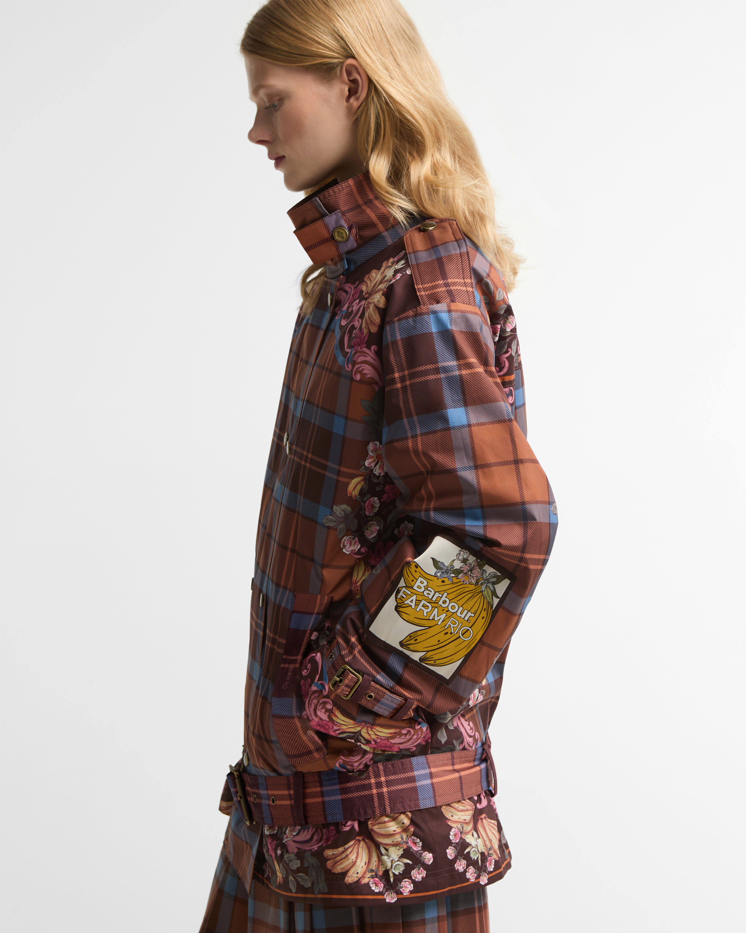Barbour FARM Rio Petrea Belted Showerproof Jacket Tropical Tea Tartan/Banana Print