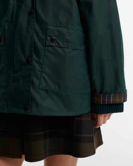 Paul Smith Loves Barbour Women's Long Spey  Waxed Jacket Bottle Green Heraldry Print