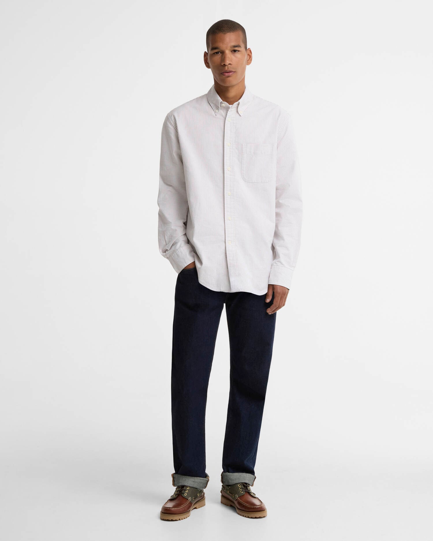 Striped Authentic-Fit Long-Sleeved Shirt Stone image number 1