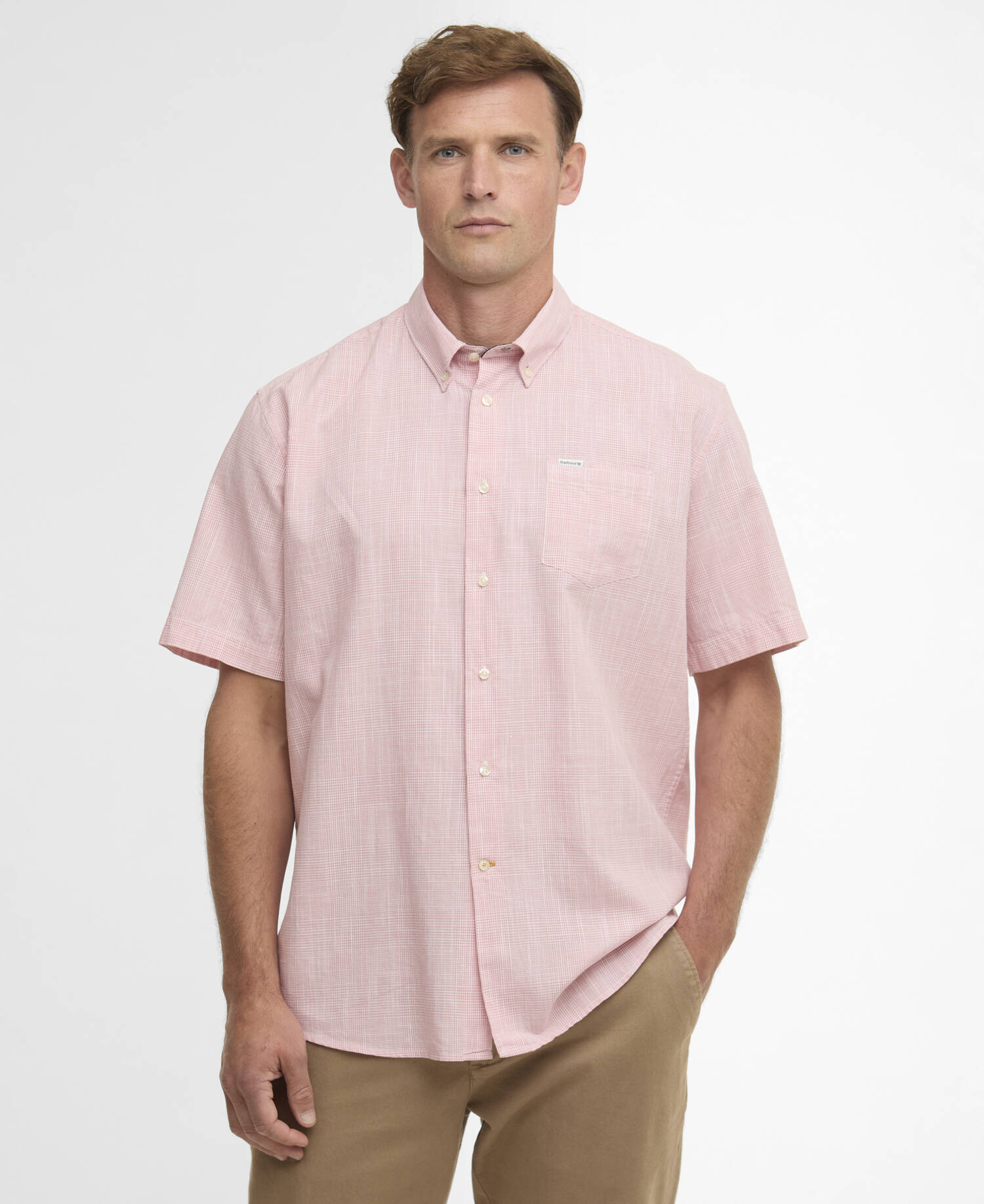 Camicia Fleming in misto lino a maniche corte dalla vestibilit&agrave; regular Pink image number 0