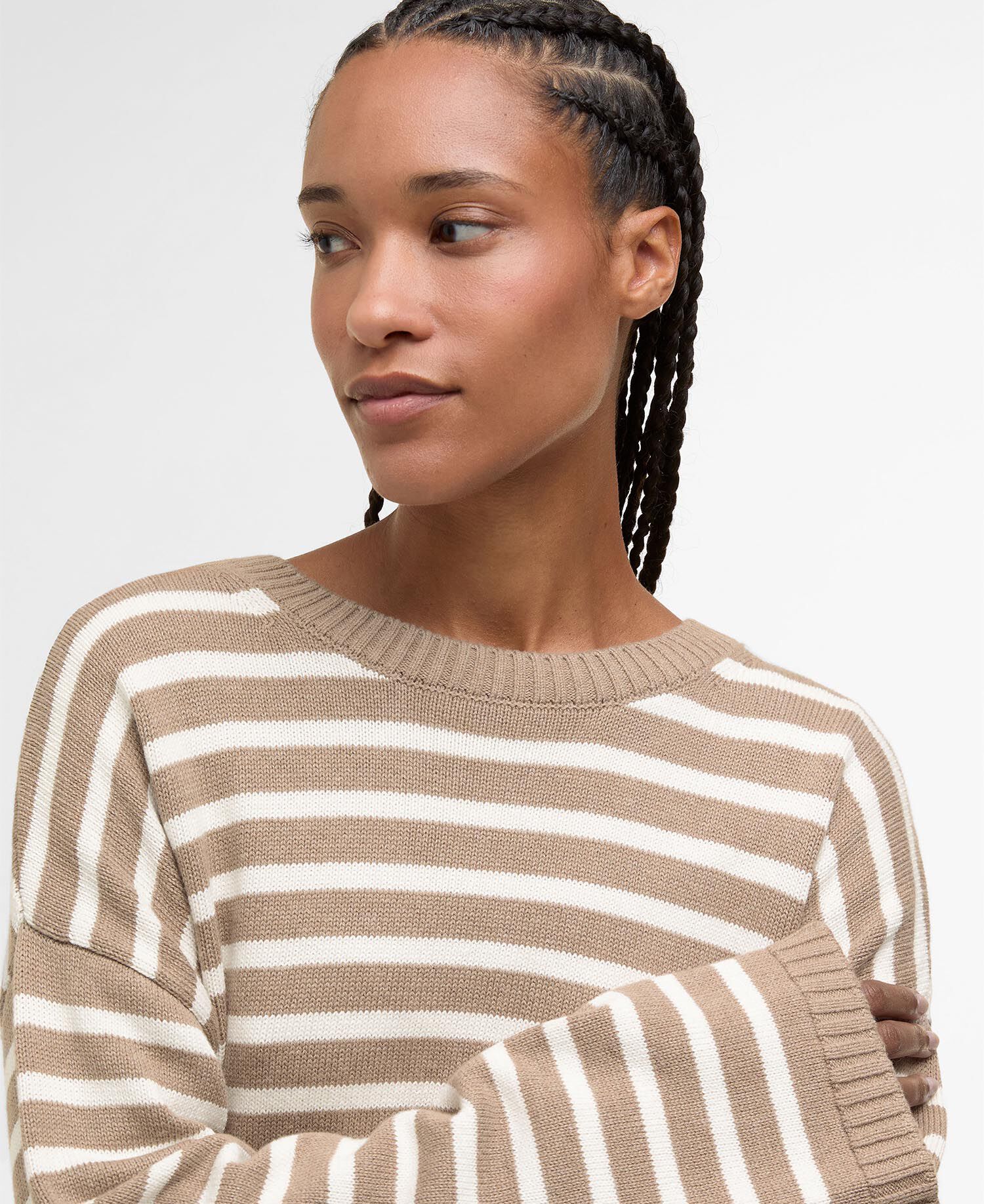 Strickpullover Rosie Rundhalsausschnitt Fawn/Ecru Stripe