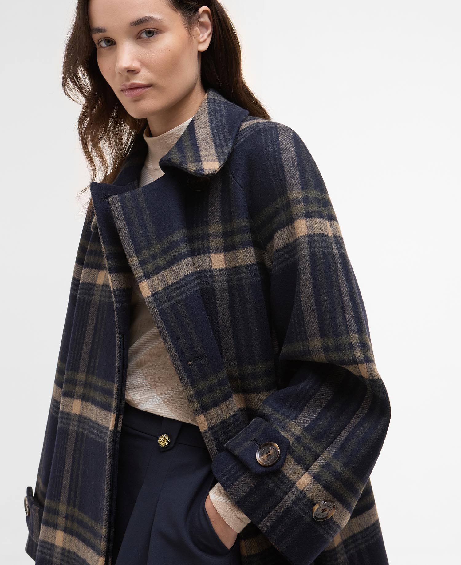 Car Coat in lana Tara Navy Windowpane Check