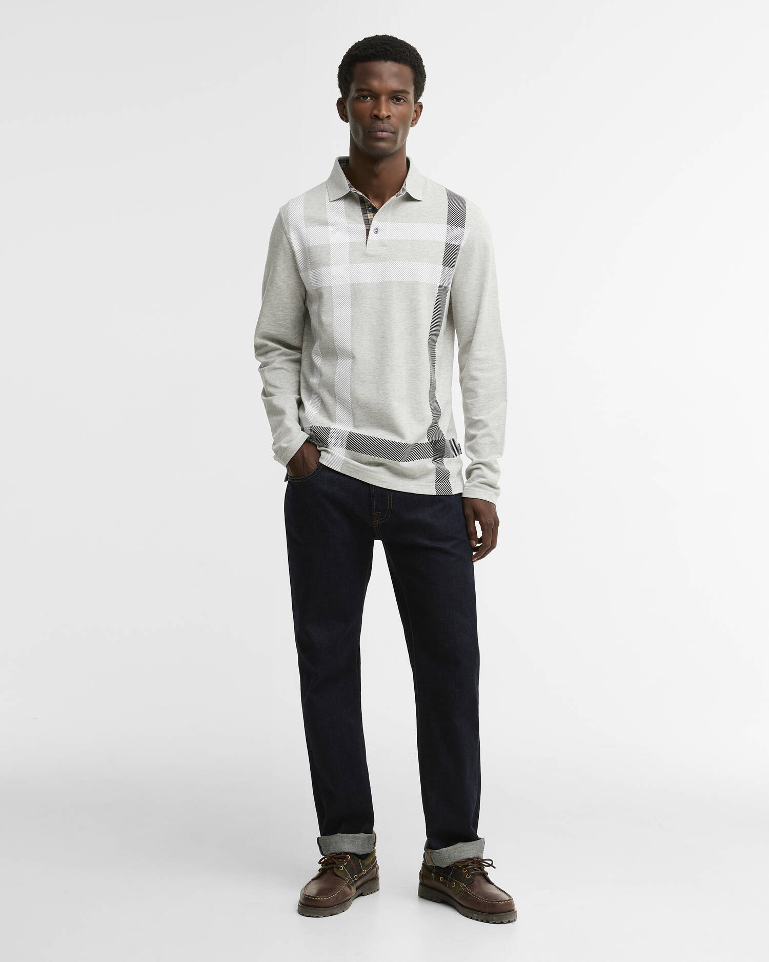 Blaine Tartan Long-Sleeved Polo Shirt Grey Marl image number 1