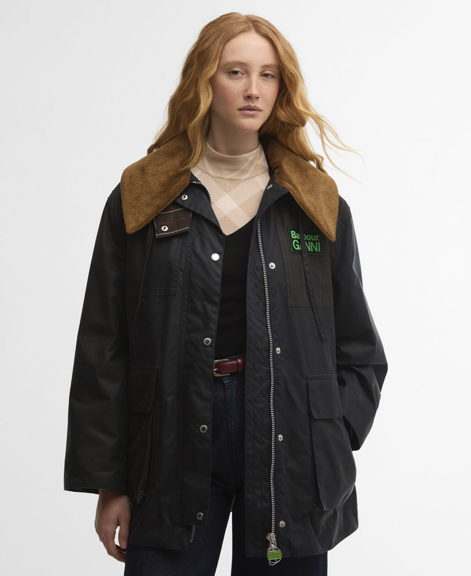 Barbour x GANNI Waxed Duffle Coat Navy/Classic Tartan