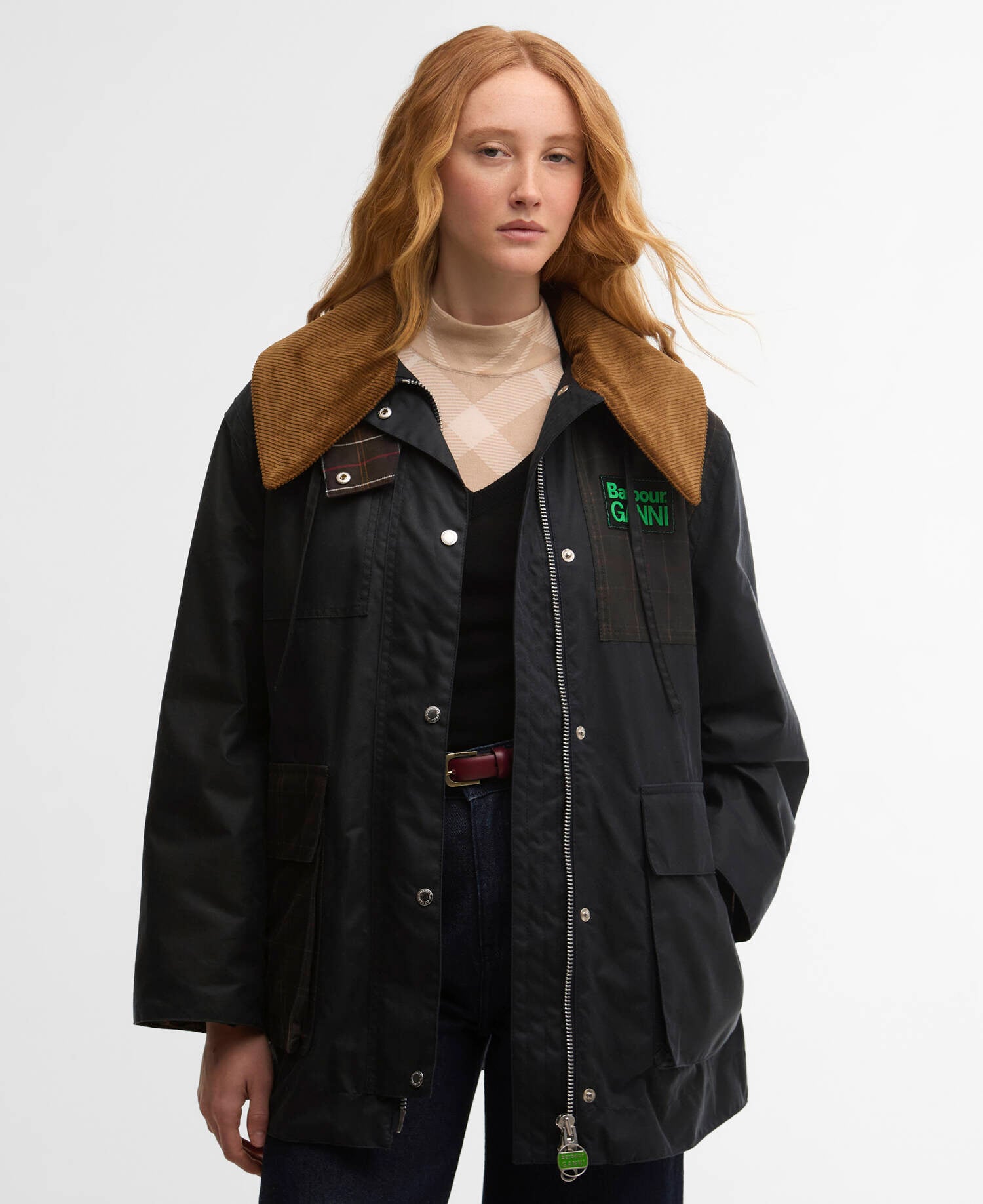 Barbour x GANNI Waxed Duffle Coat Navy/Classic Tartan image number 0