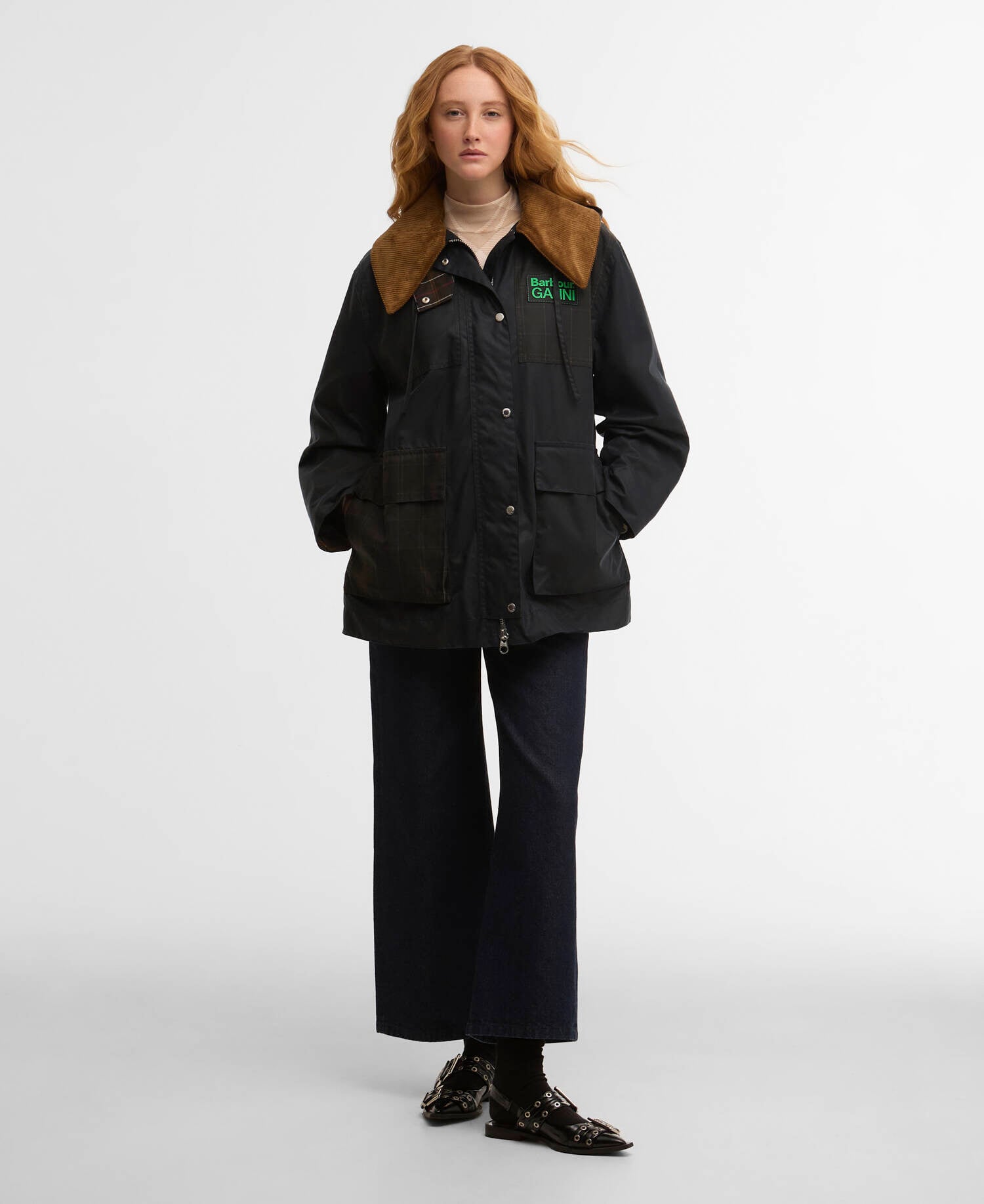 Barbour x GANNI Waxed Duffle Coat Navy/Classic Tartan image number 2