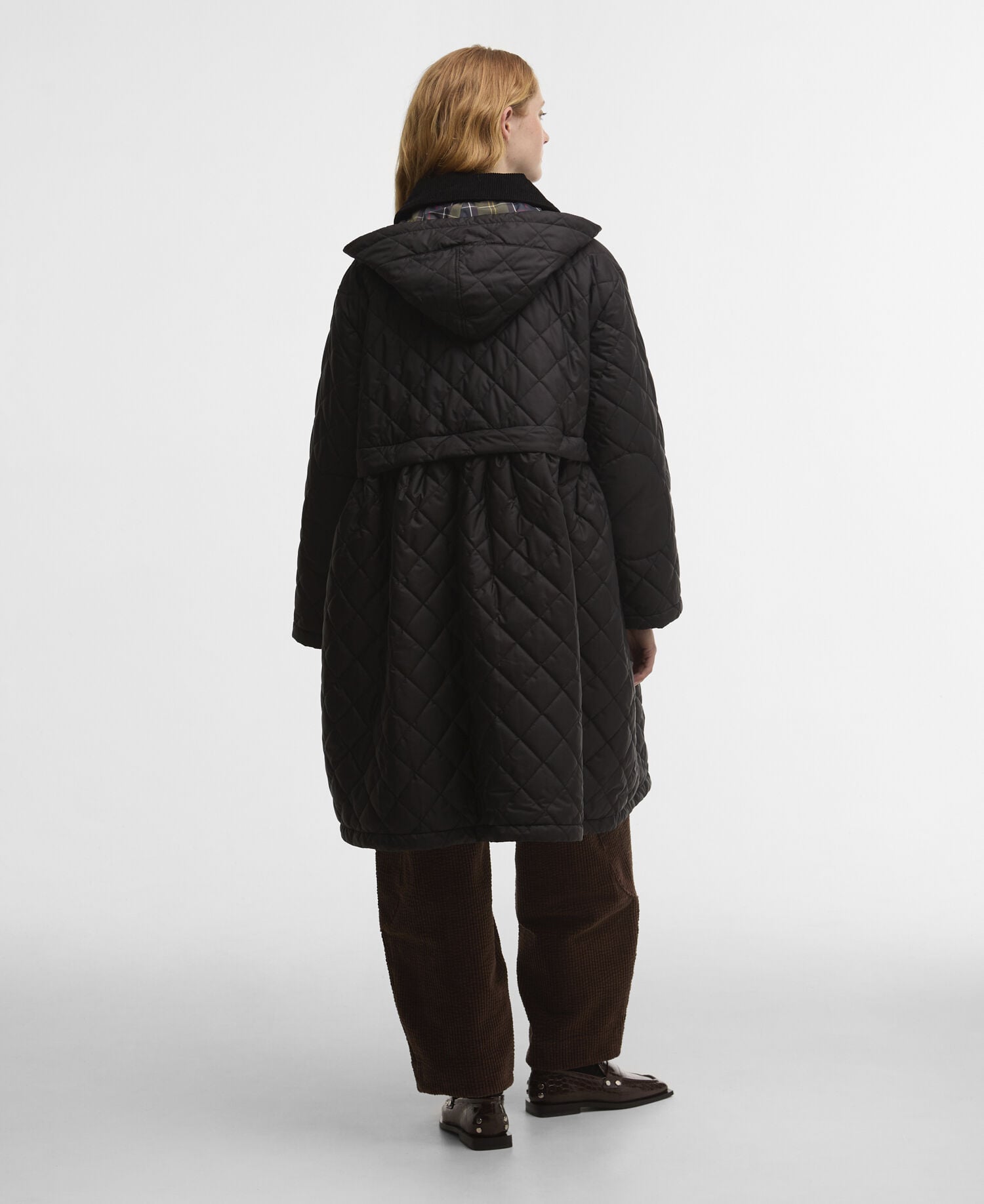 Barbour x GANNI Peplum Longline Quilted Jacket Black/Classic Tartan