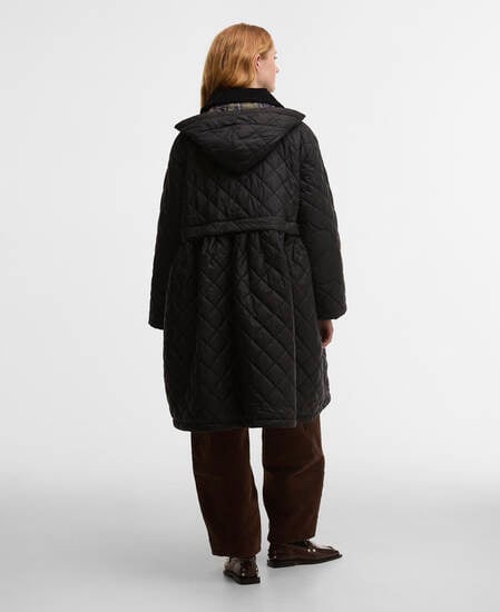 Barbour x GANNI Peplum Longline Quilted Jacket Black/Classic Tartan