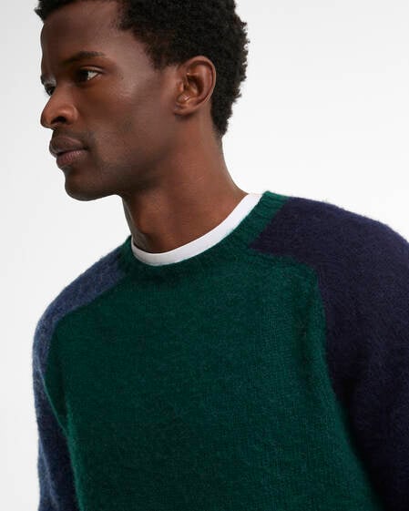Scottish-Made Colour Block Wool Crew Neck Jumper Evergreen