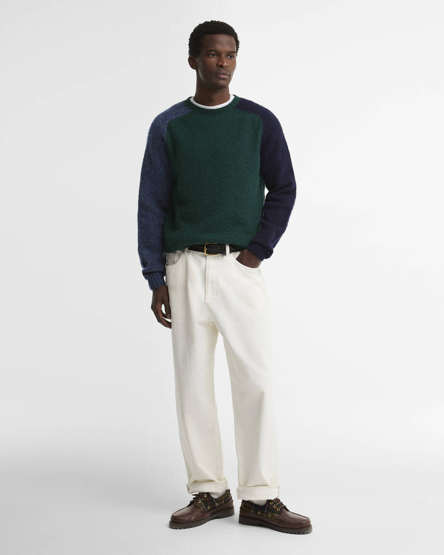 Scottish-Made Colour Block Wool Crew Neck Jumper Evergreen image number 1