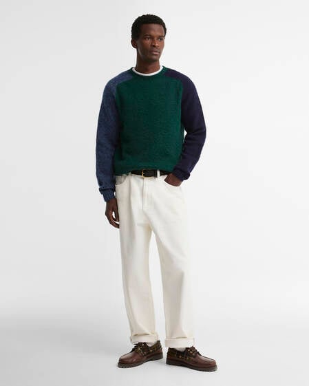 Scottish-Made Colour Block Wool Crew Neck Jumper Evergreen