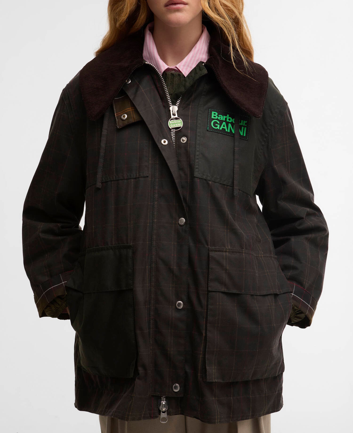 Barbour x GANNI Tartan Waxed Duffle Coat Classic Tartan/Fern image number 5