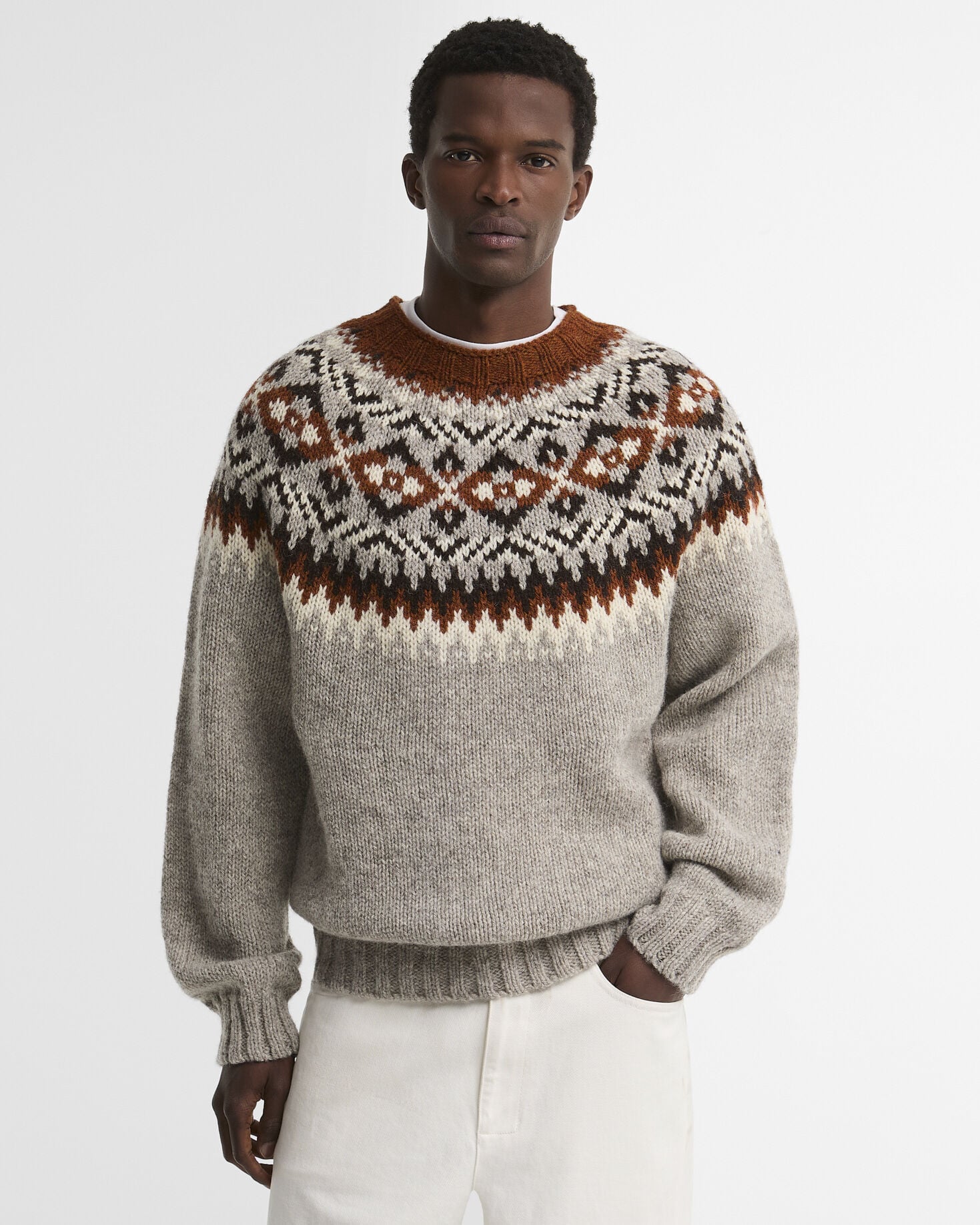 Scottish Made Fair Isle Crew Neck Jumper Grey Marl