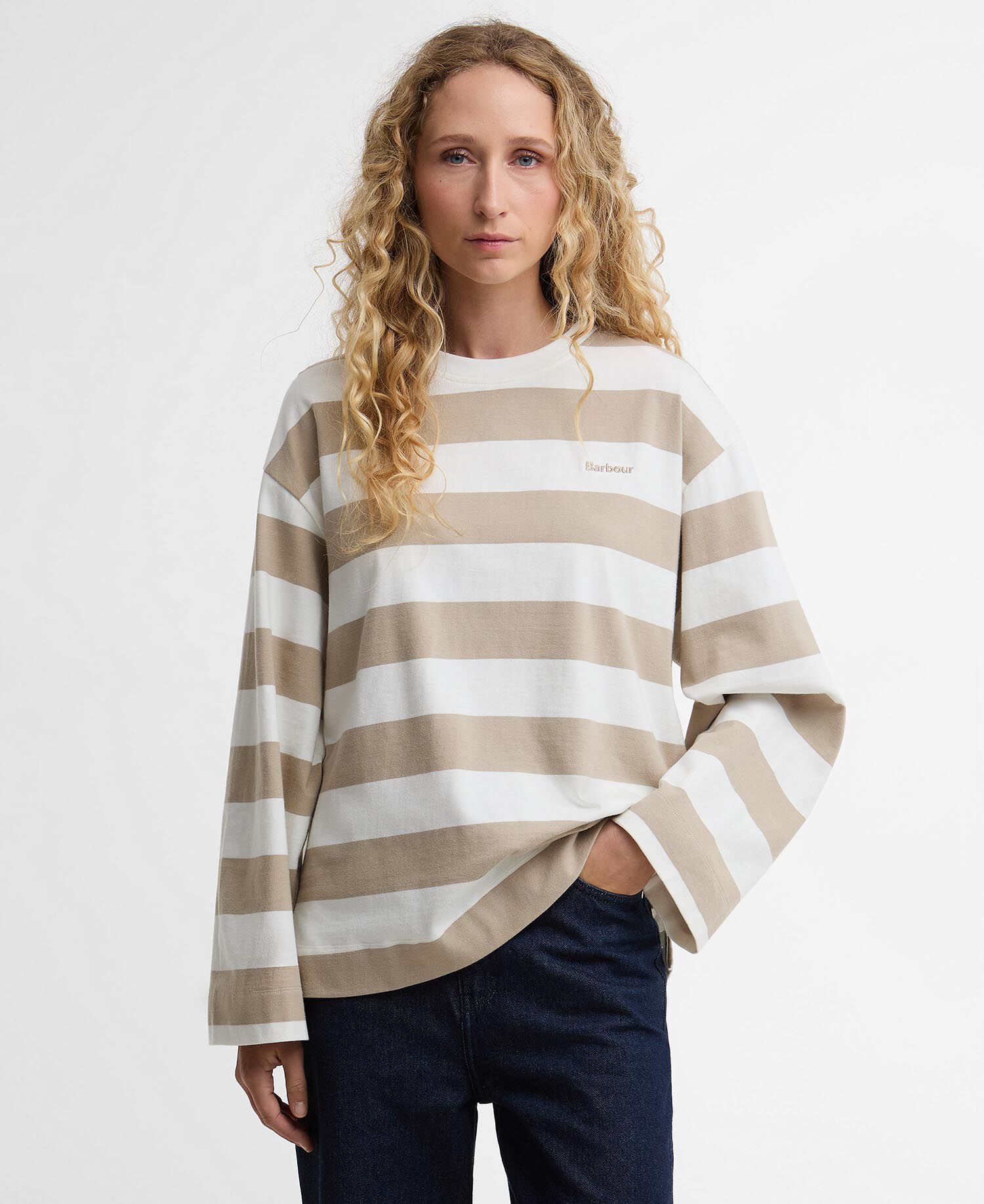 T-shirt a maniche lunghe Cartmel con motivo a righe Cloud/Light Sand Stripe