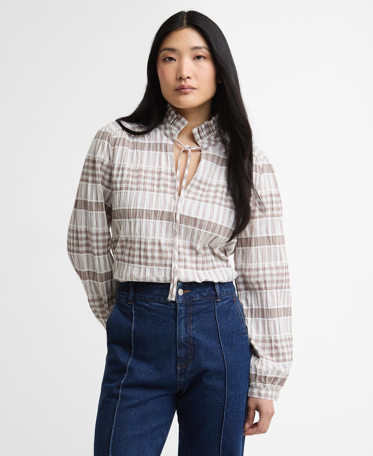Hinton Gingham Ruffled Blouse Sand/White Gingham