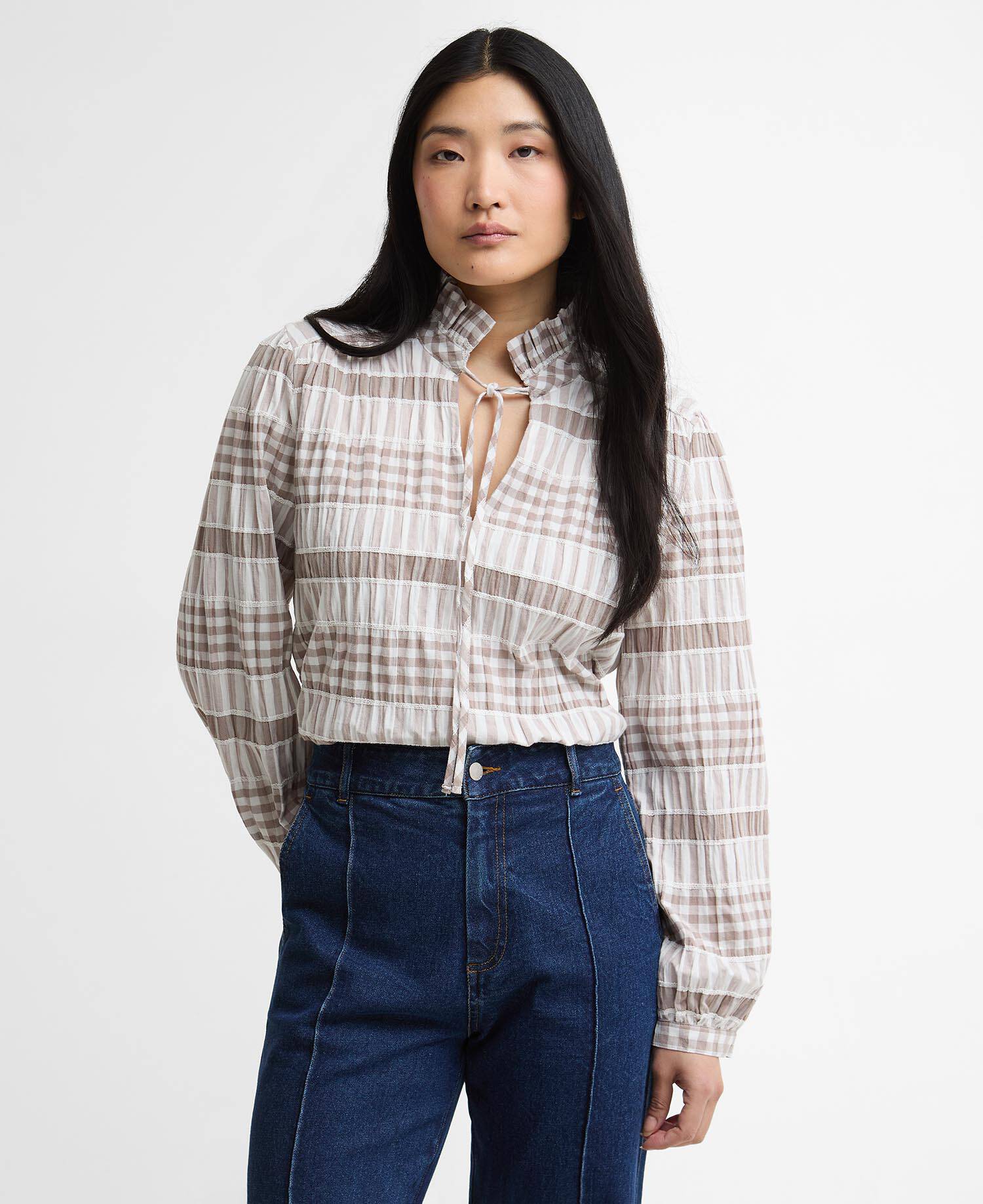 Hinton Gingham Ruffled Blouse Sand/White Gingham image number 0