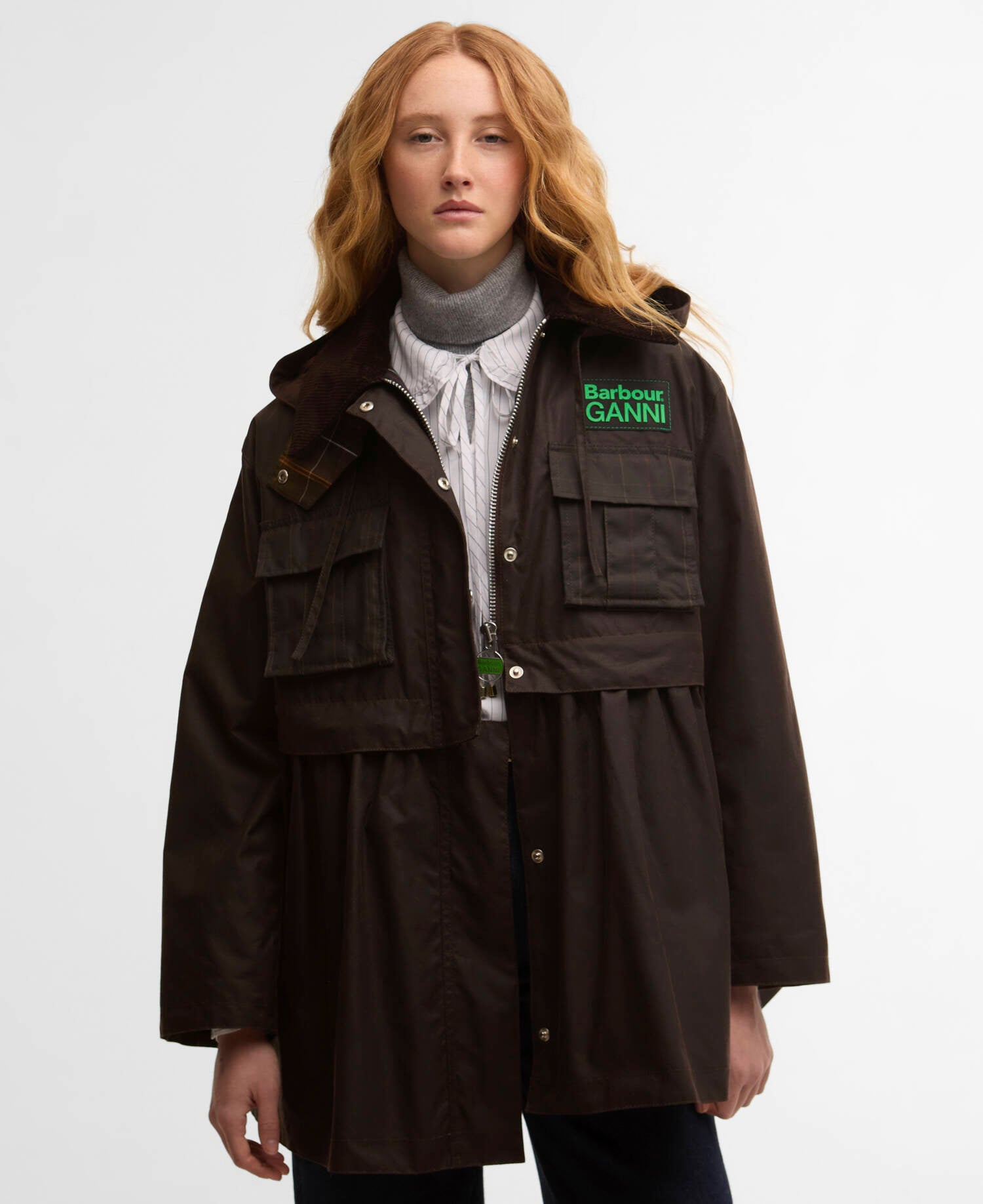 Barbour x GANNI Peplum Waxed Jacket Rustic/Classic Tartan image number 0