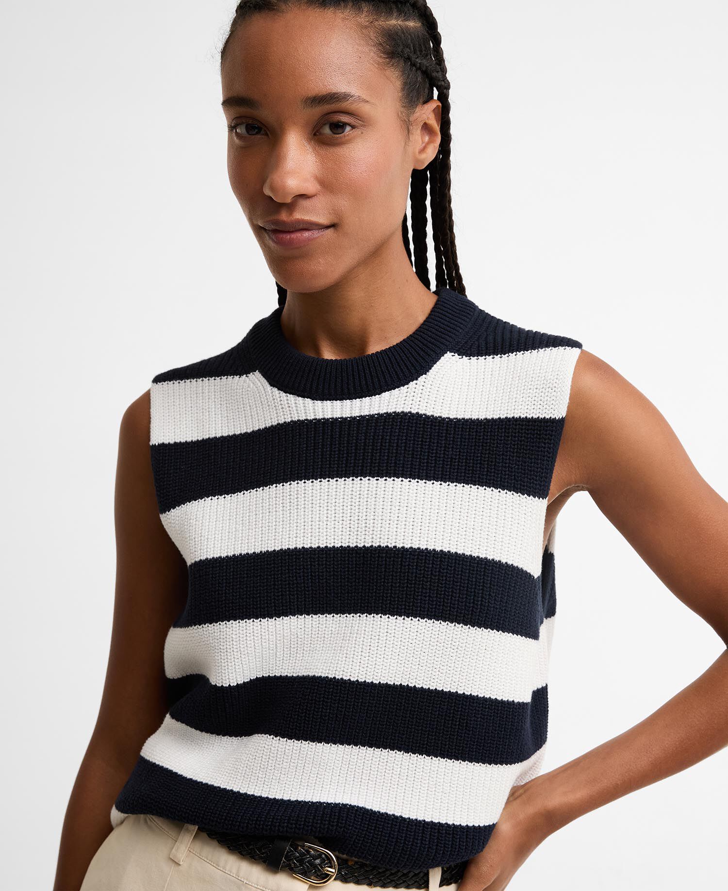 Cartmel Striped Knitted Vest Dark Navy Stripe