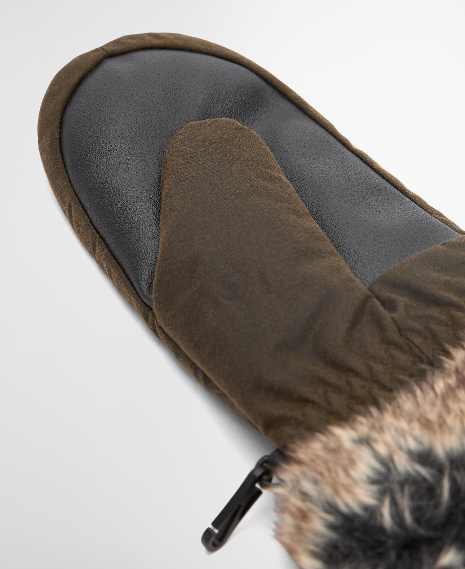 Waxed Faux-Fur Trim Mittens Olive