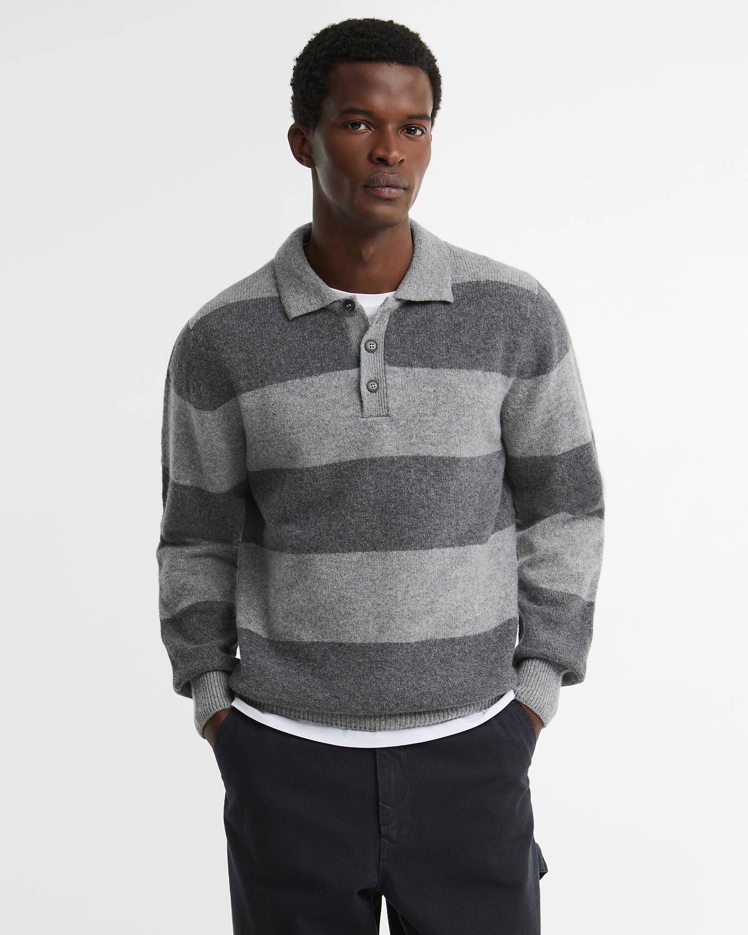 Made in Scotland Striped Wool Polo Shirt Grey Marl image number 0