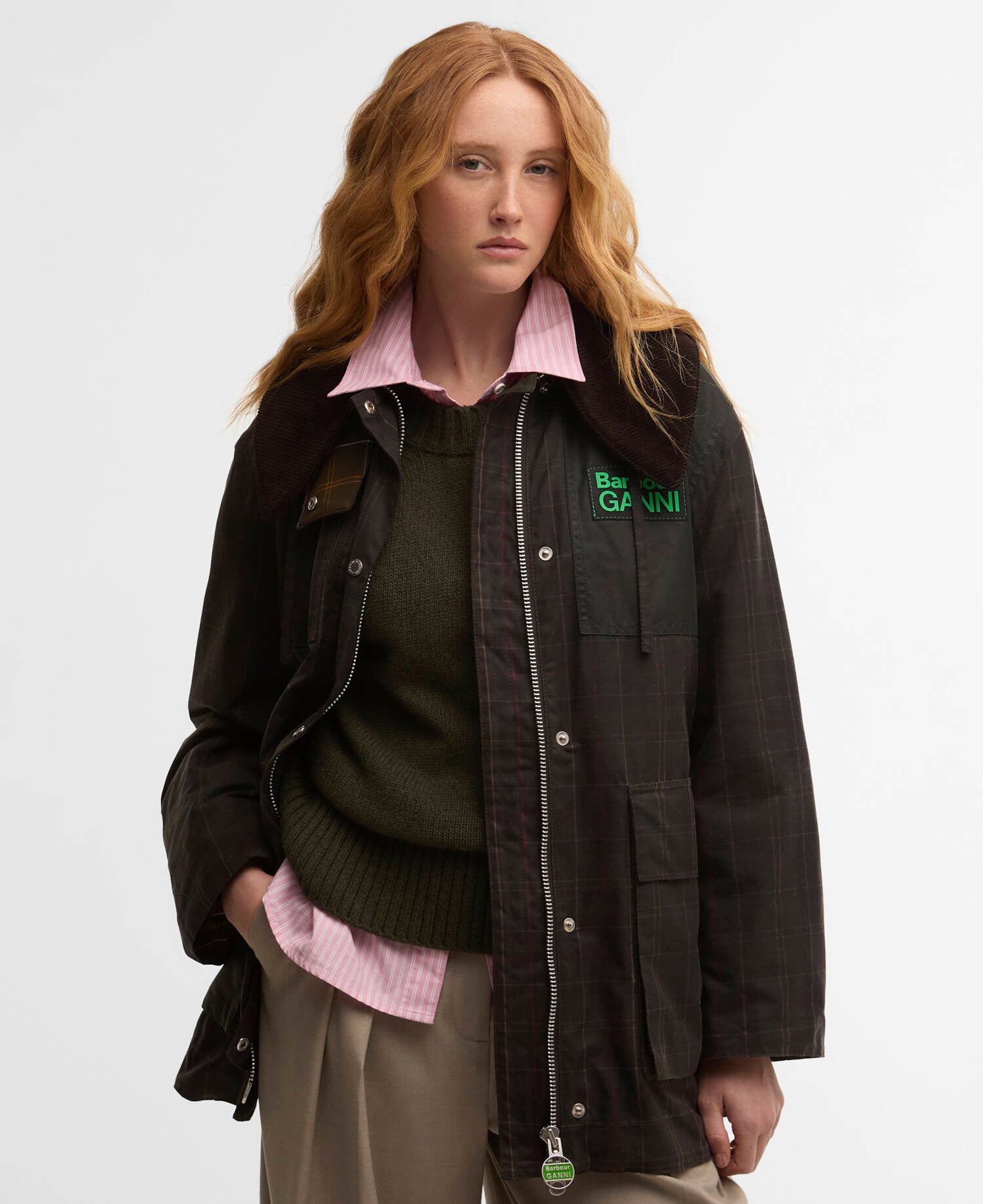 Barbour x GANNI Tartan Waxed Duffle Coat Classic Tartan/Fern image number 0