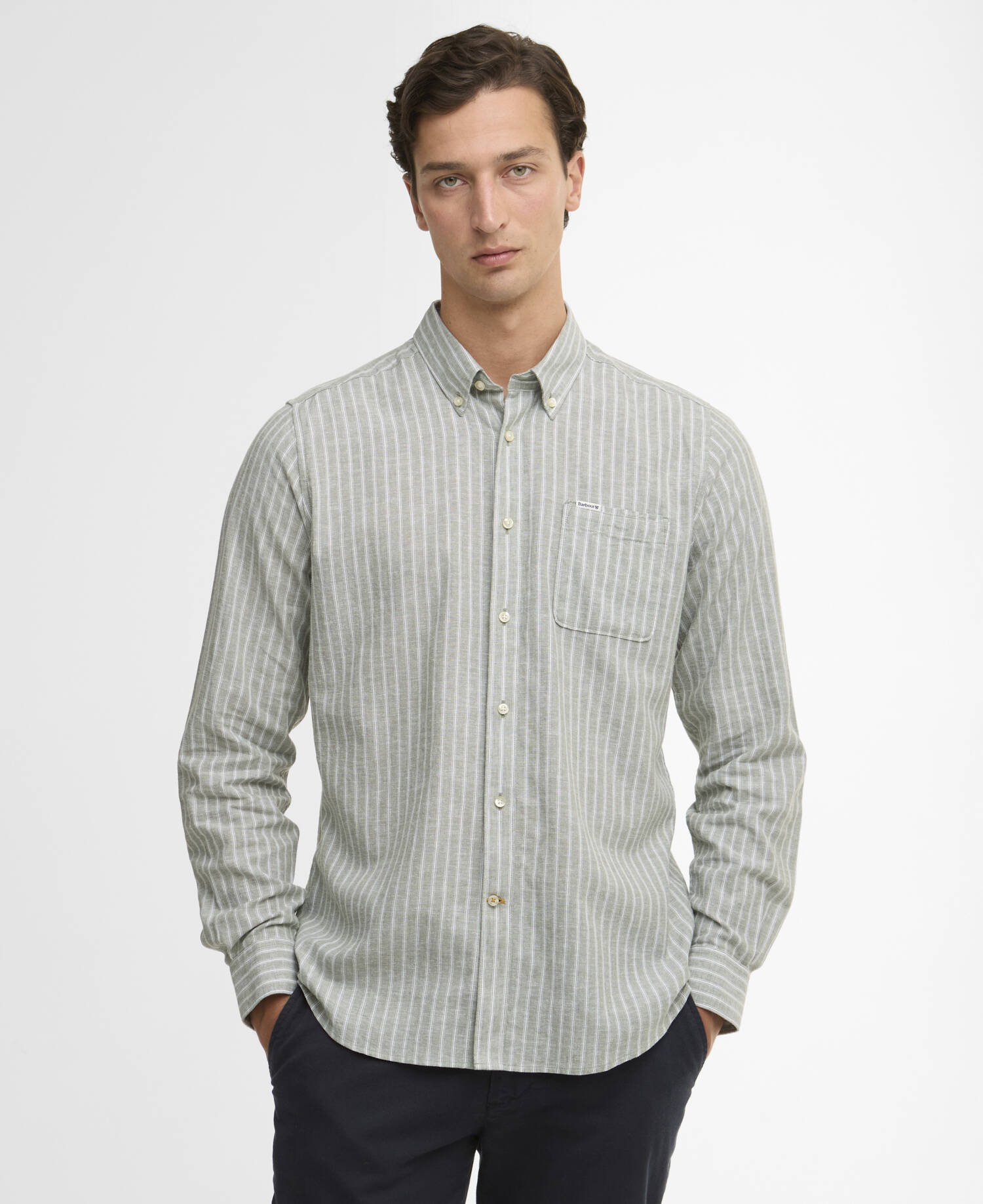 Camicia a maniche lunghe a righe dalla vestibilit&agrave; leggermente aderente Nelson Bleached Olive image number 0