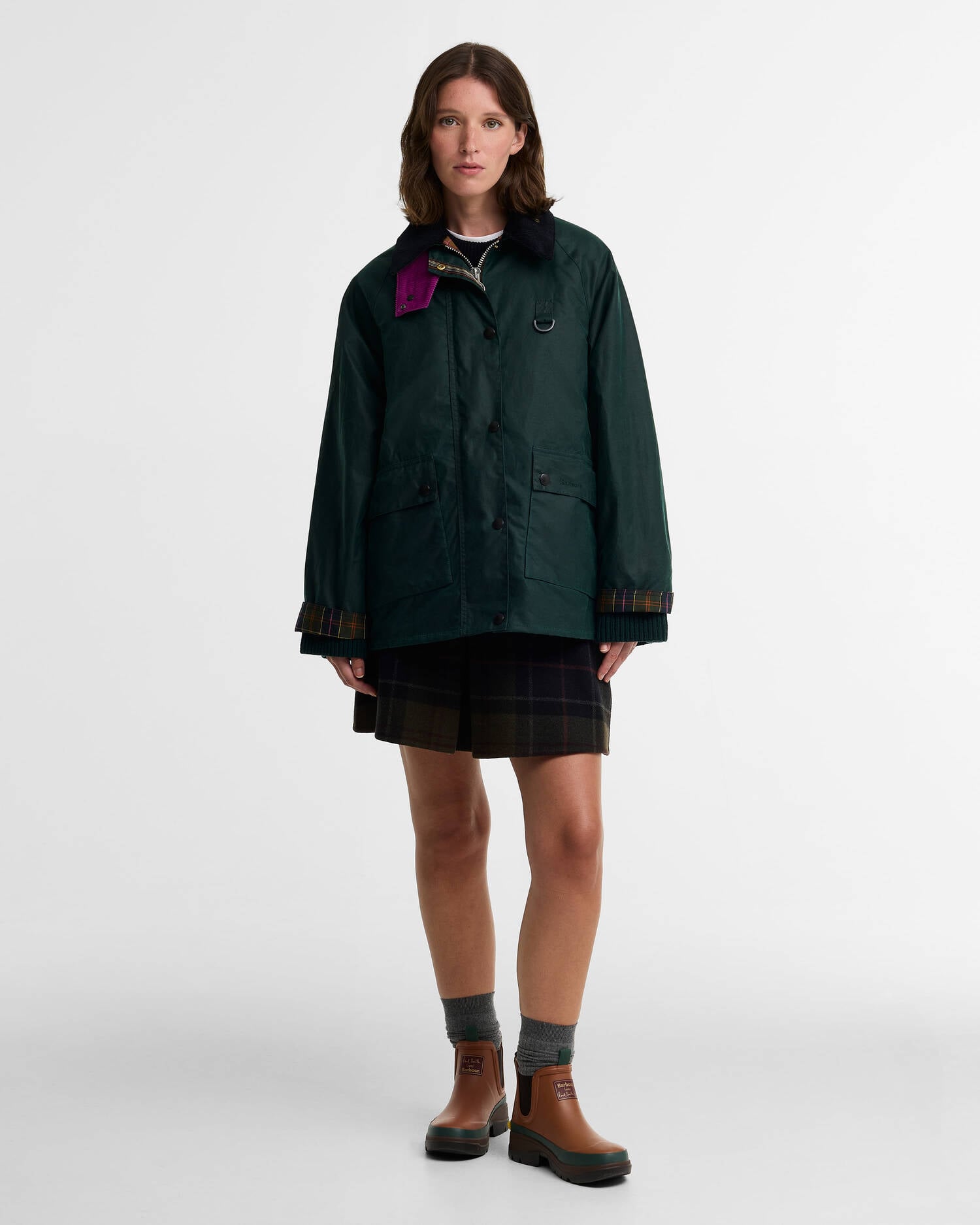 Paul Smith Loves Barbour Women's Long Spey  Waxed Jacket Bottle Green Heraldry Print image number 1