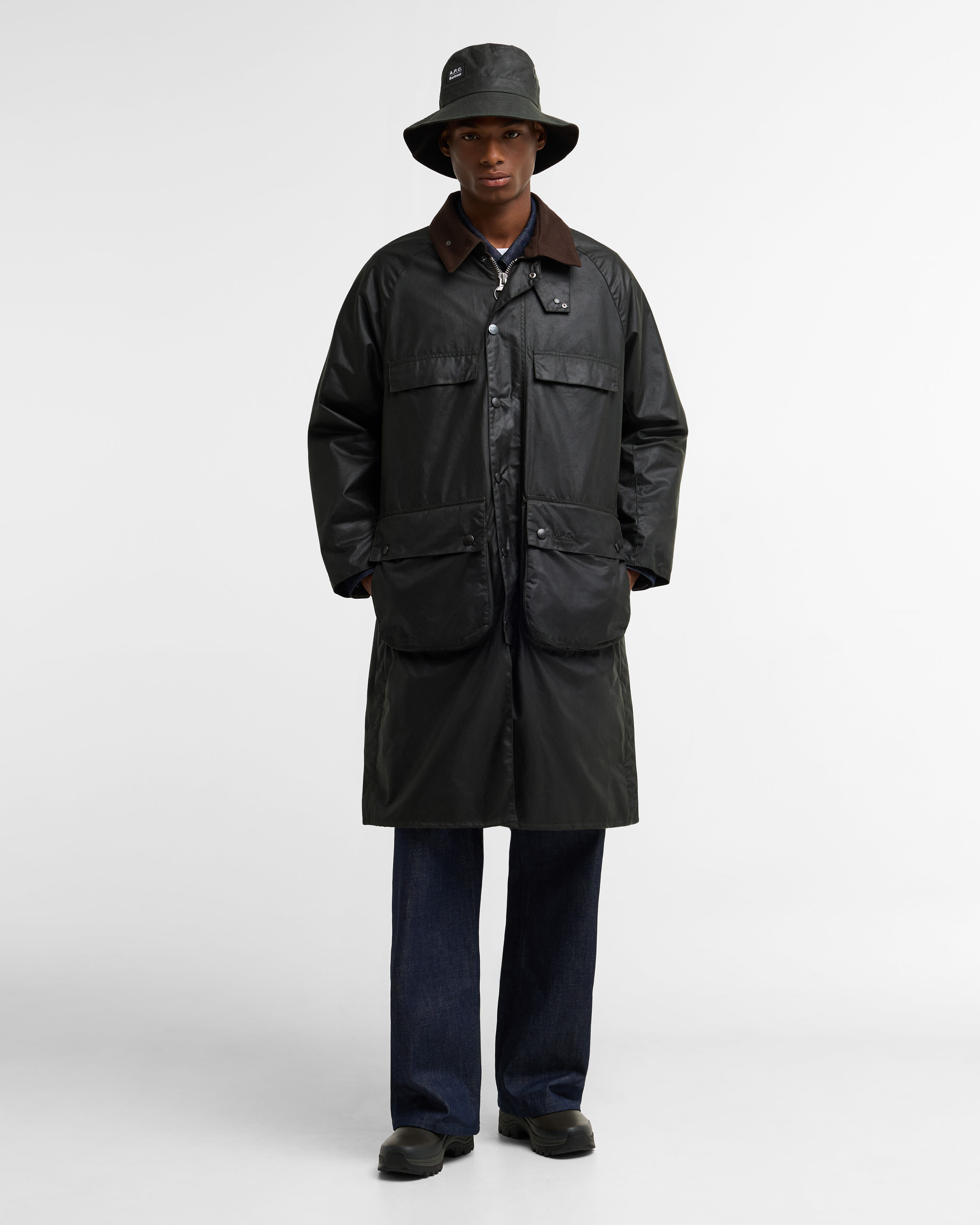 Barbour x A.P.C. Sugarlump Bedale Long Waxed Jacket Dark Sage