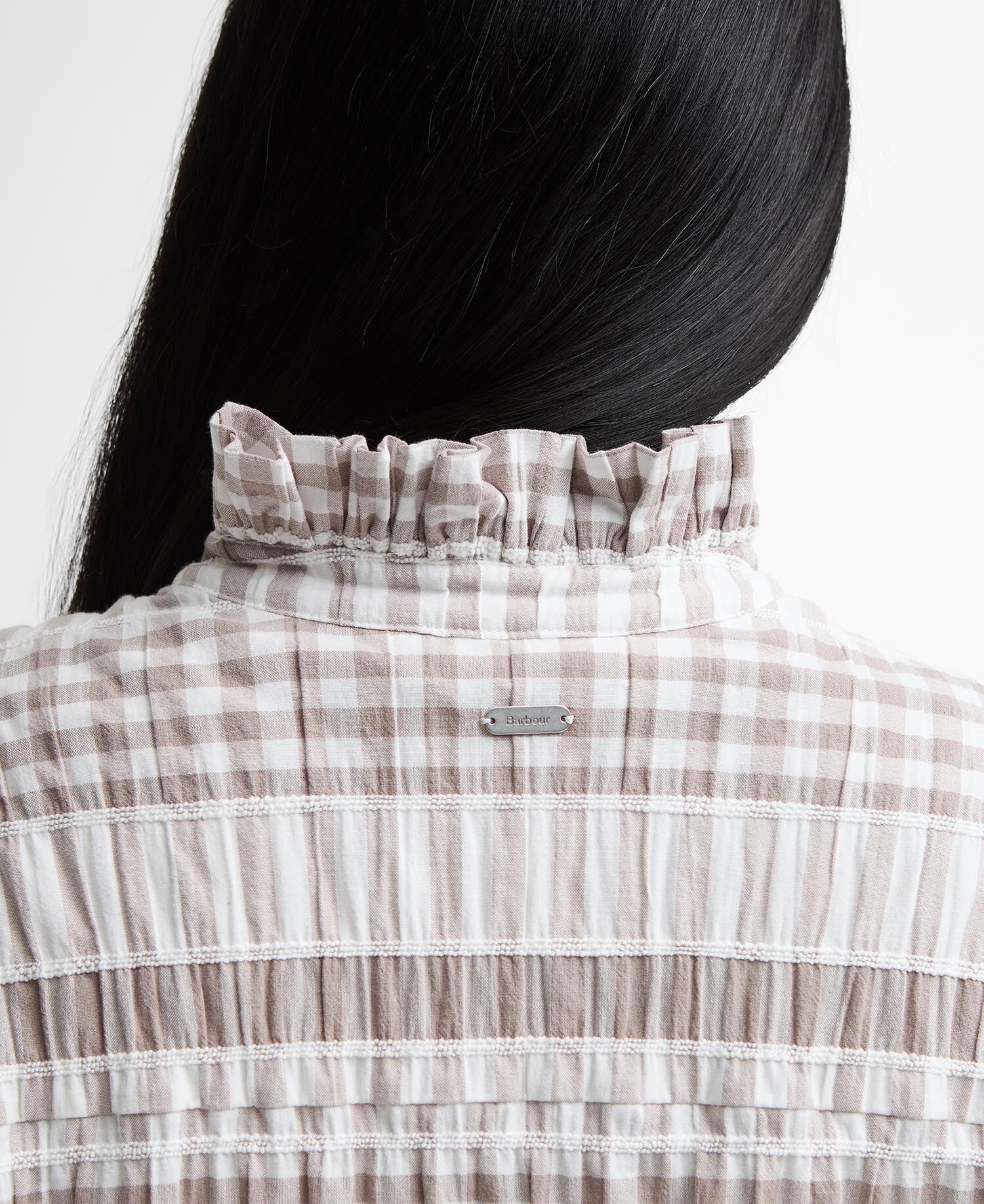 Hinton Gingham Ruffled Blouse Sand/White Gingham