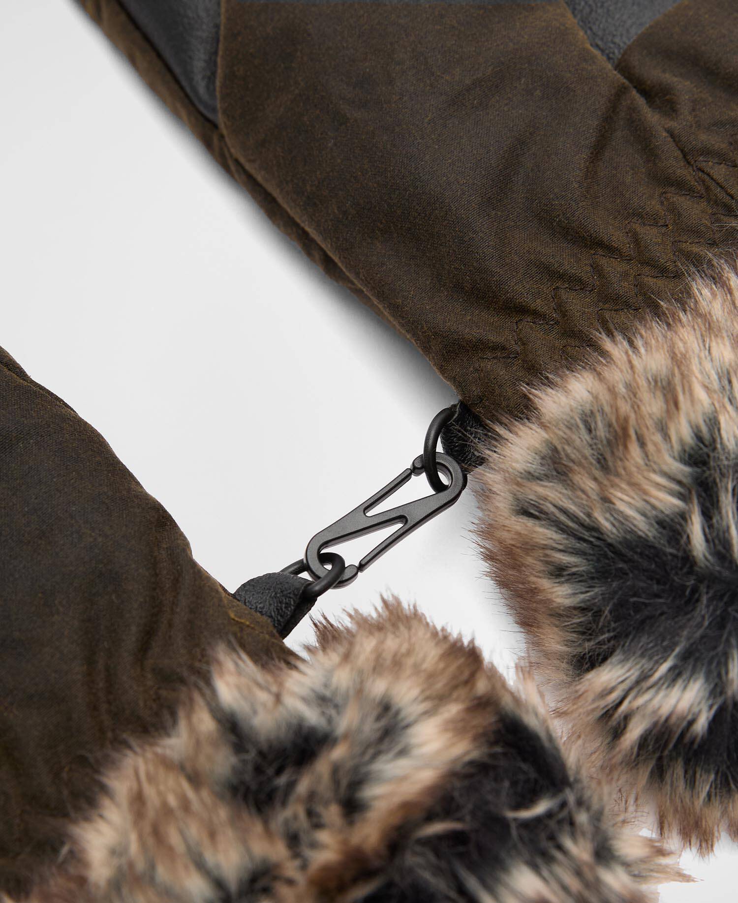 Waxed Faux-Fur Trim Mittens Olive image number 2