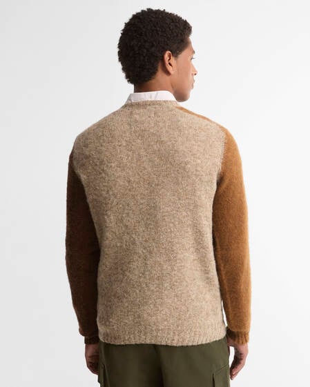 Maglione girocollo in lana con blocchi di colore Made in Scotland Light Stone